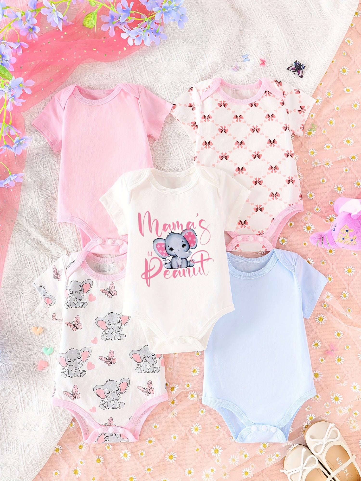 5pcs Spring And Summer Newborn Baby Triangle Romper Solid Color with Elephant Pattern Loving Mom Cute Romper Girl Baby Clothes Clean, for Outdoor