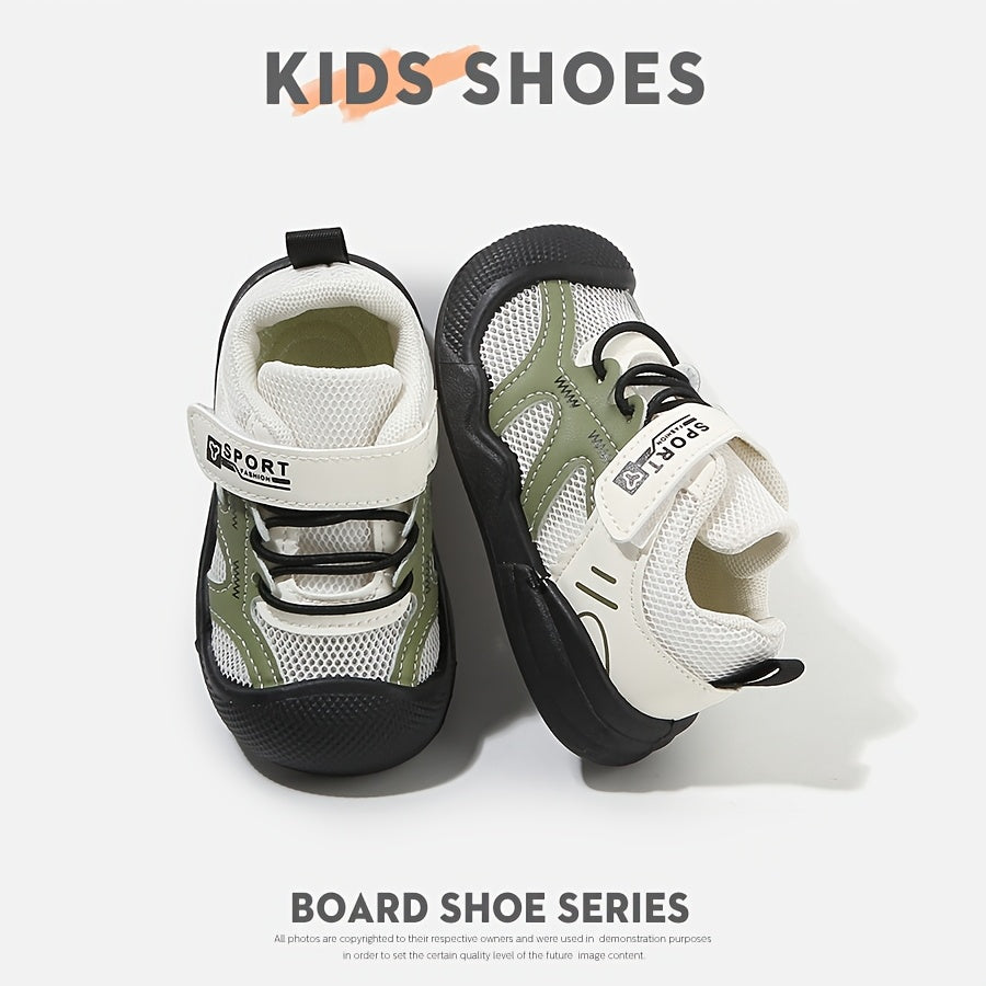 Kids' Mesh Panel Casual Shoes, Rounded Edging Toe Cap, Hook-And-Loop Fastener, Korean-Style Minimalist Kids' Board Shoes