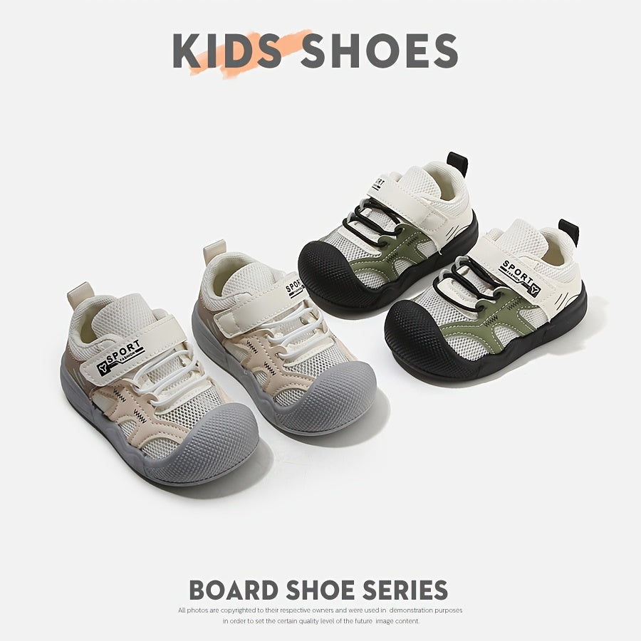 Kids' Mesh Panel Casual Shoes, Rounded Edging Toe Cap, Hook-And-Loop Fastener, Korean-Style Minimalist Kids' Board Shoes