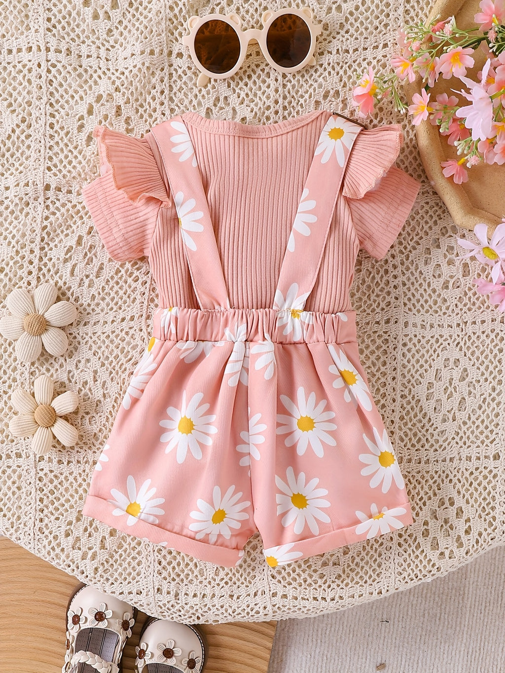 Children'S Baby Clothing 2pcs Set, Solid Short Sleeve Ruffled Top Practical And Convenient Bodysuit, Newborn Baby Jumpsuit with Print And Pocket Overalls, for Outdoor