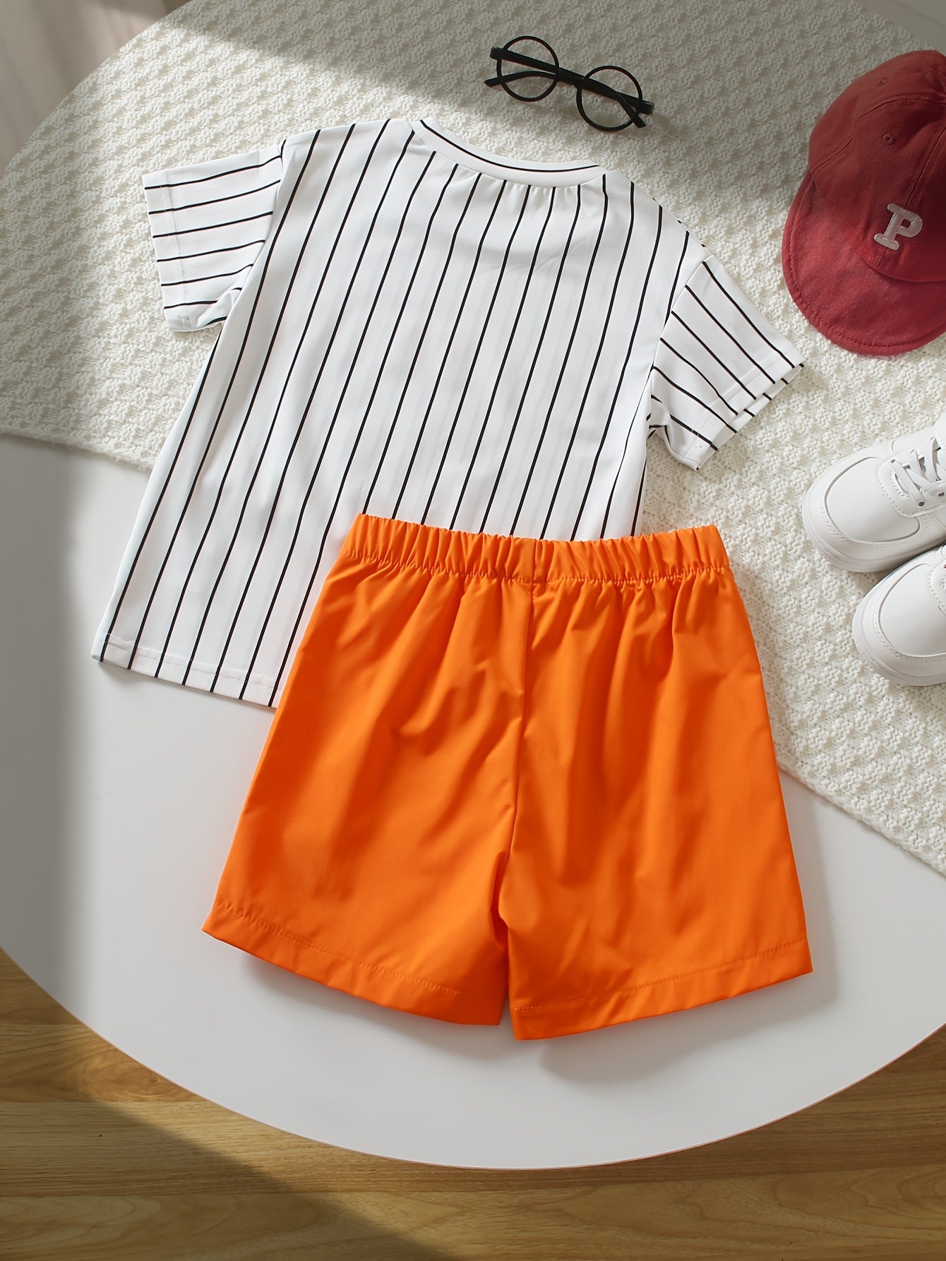 2pcs Set: A Casual Striped T-shirt and a Pair of Shorts for Young Boys to Wear in Summer, Perfect for Outdoor