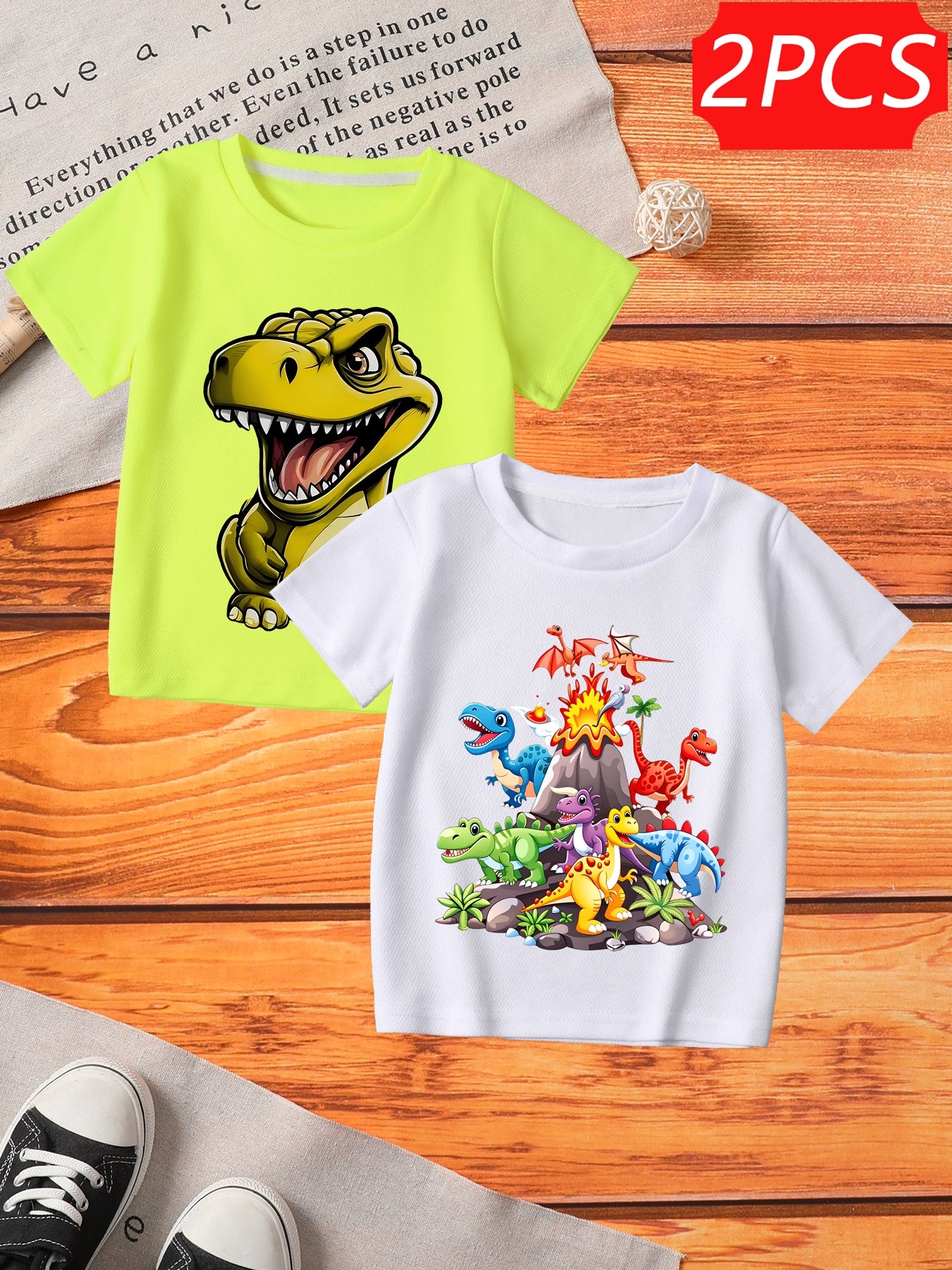 2pcs Boys' Dinosaur Tee - Casual Short Sleeve Round Neck T-Shirts with Patch, Spring Summer Party Outfits Suitable for Birthday Party, Playwear & Casual Attire