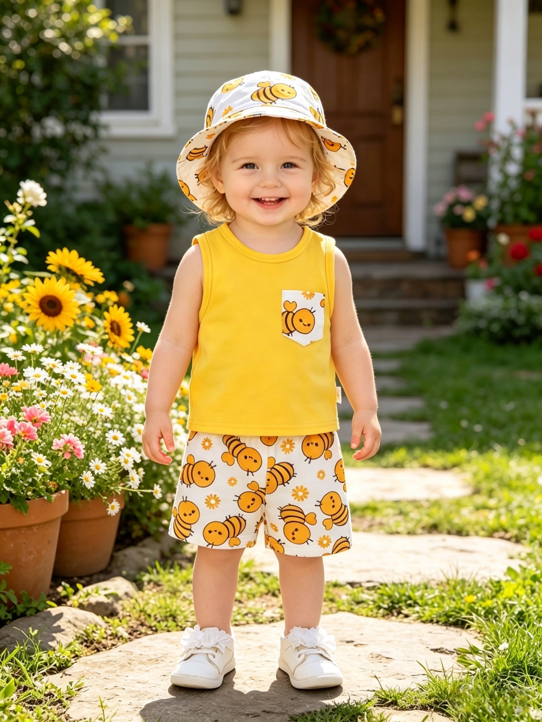 Summer Baby Girls' Casual Style Cartoon Little Bee Print Round Neck Vest (With Chest Pocket) And Cartoon Print Shorts And Sun Hat 3pcs Set Daily Wear Essential Gift, for Outdoor
