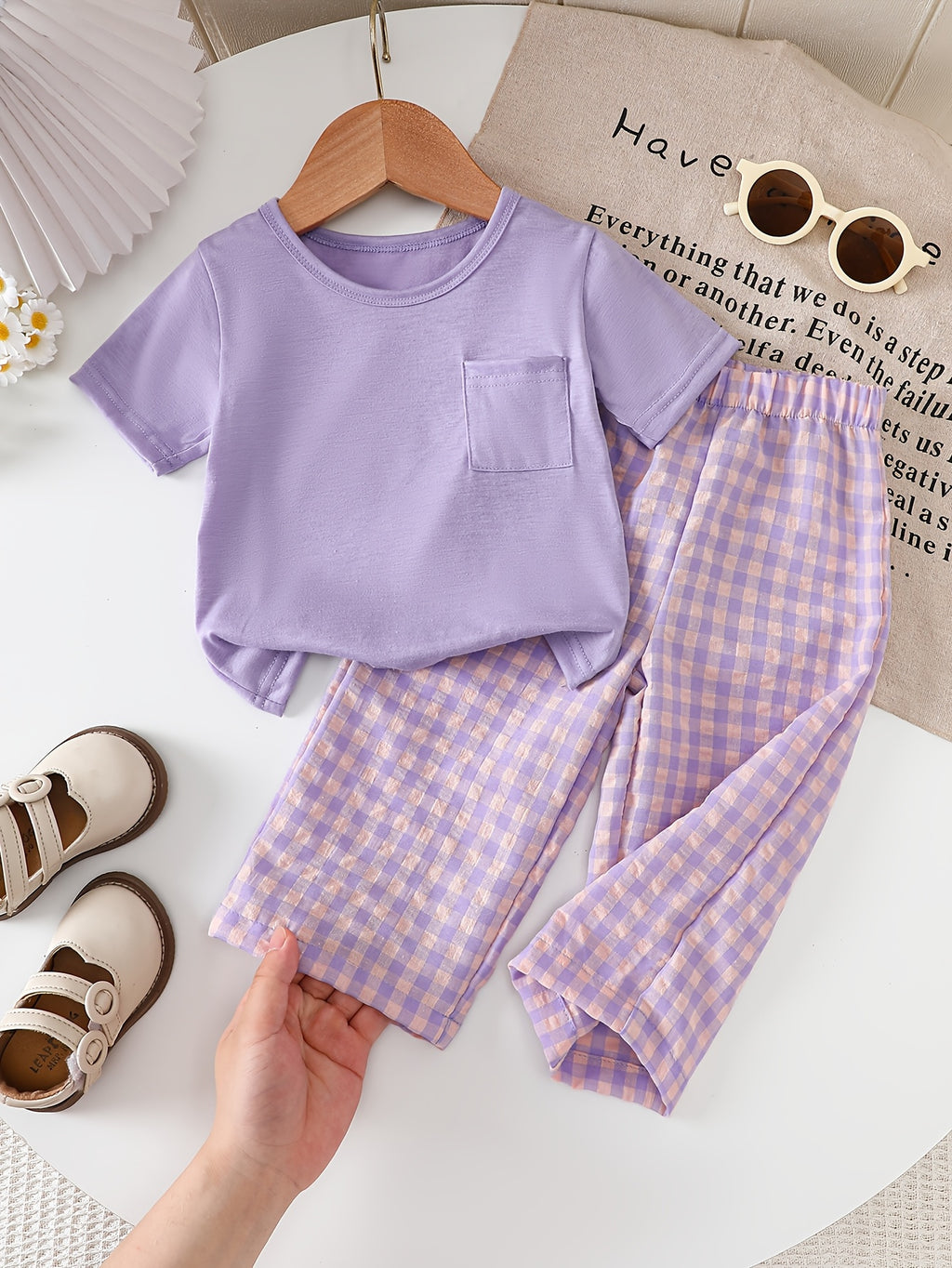 2pcs Girls' Summer Set: Purple Short-sleeved Top Paired with Purple Plaid Long Pants, Featuring Pocket Design, Suitable for Outdoor Wear, Perfect for Outdoor