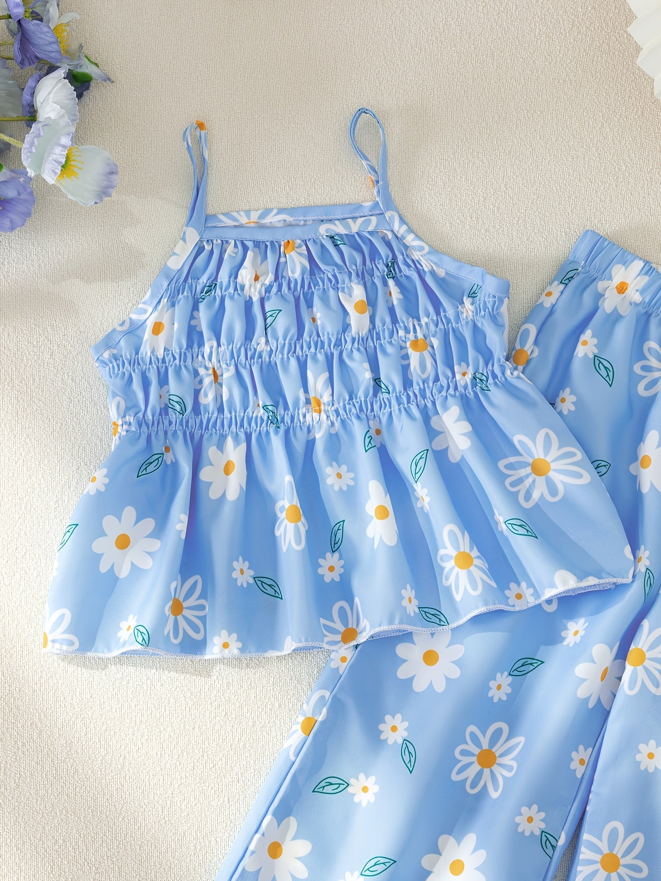 Young Girl Girls' Long Pants 2pcs Set, Rubber Band Camisole Top And Straight Long Pants Elegant Temperament Outing Party Date Outfit Summer, for Outdoor