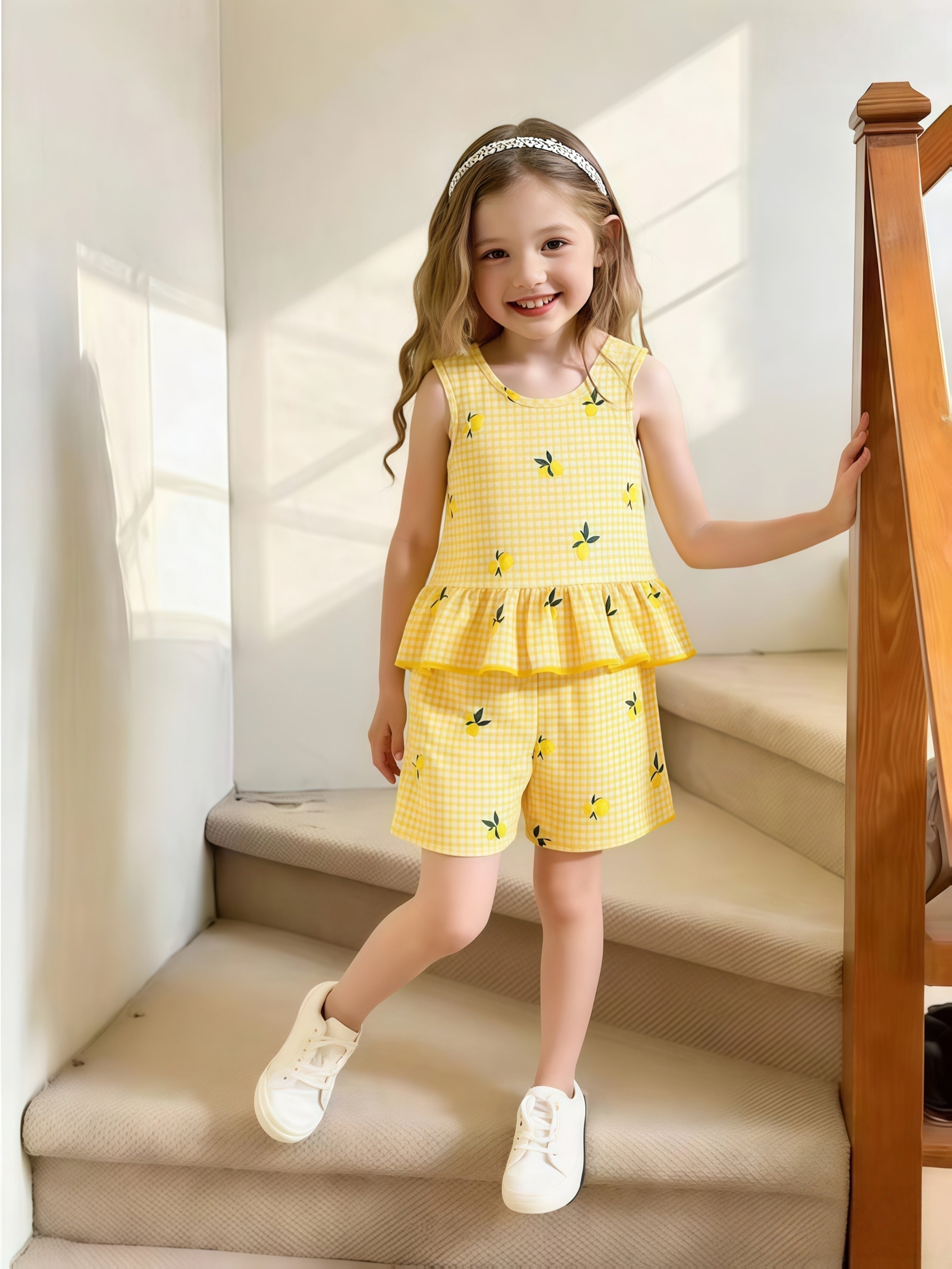 Conjunto de 2 piezas. Conjunto de camiseta sin mangas y pantalón corto para niña con estampado de limones