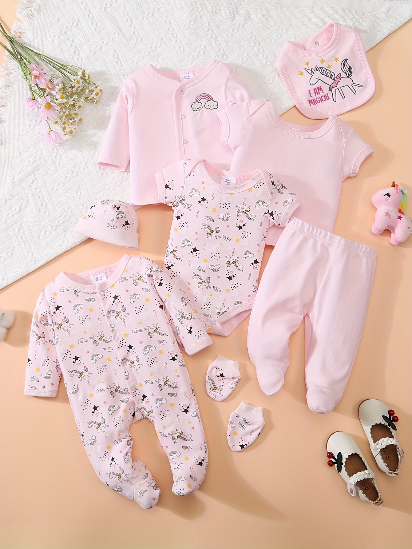8pcs Baby Outfit Suitable for - Soft Breathable Pants, Matching Hat, Bonnet, Socks, Romper & More - Spring Summer Clothes, Machine Washable Wear, Perfect for Outdoor