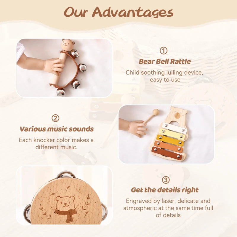 Jucării Montessori Muzicale pentru Bebeluși 0-3 Ani – Instrumente din Lemn, Xilofon Urs