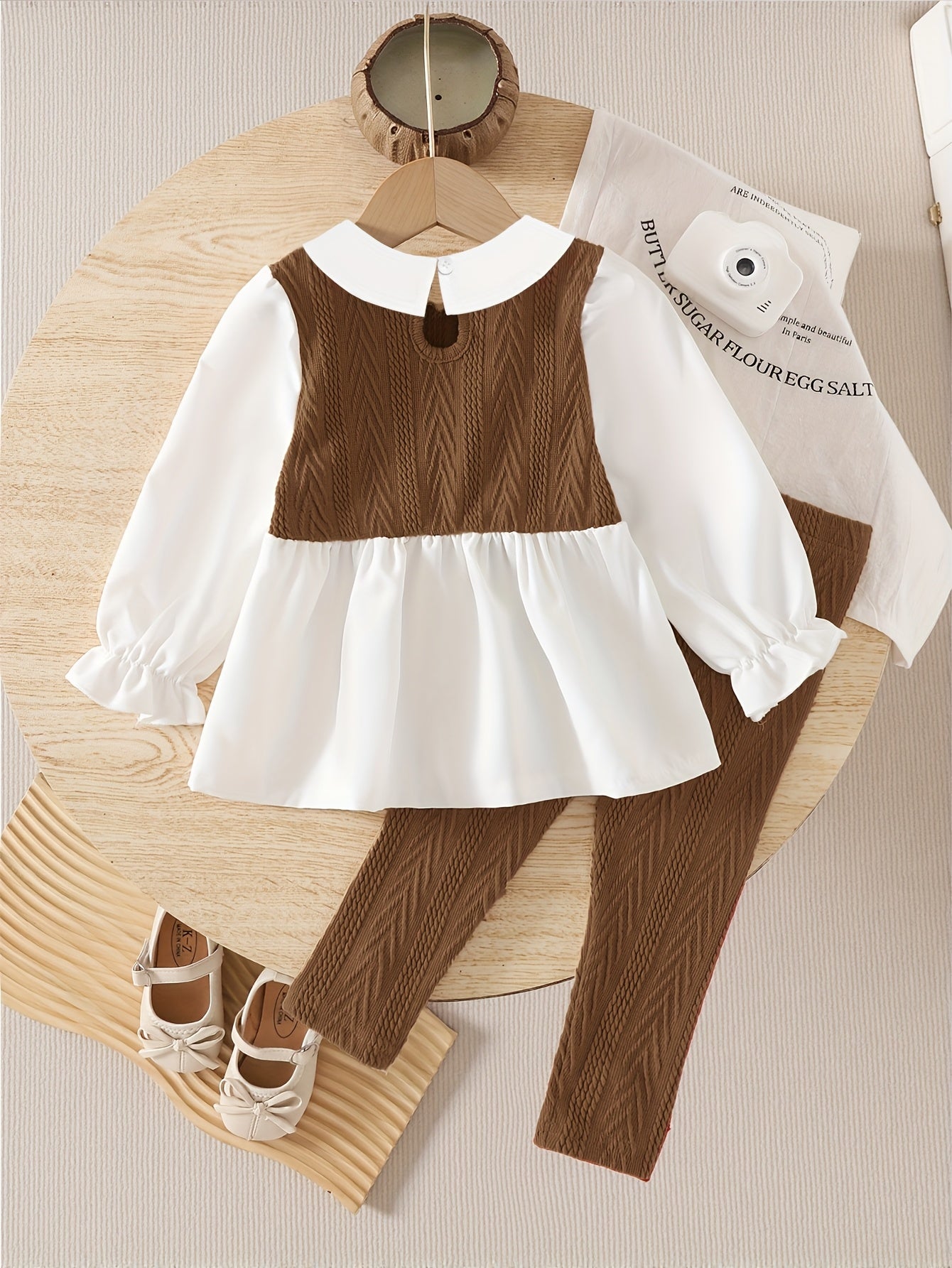 Girls' Spring/Autumn Contrast Color Set: Elegant Floral Appliqué Long-Sleeve Shirt and Pants Outfit, Perfect for Outdoor