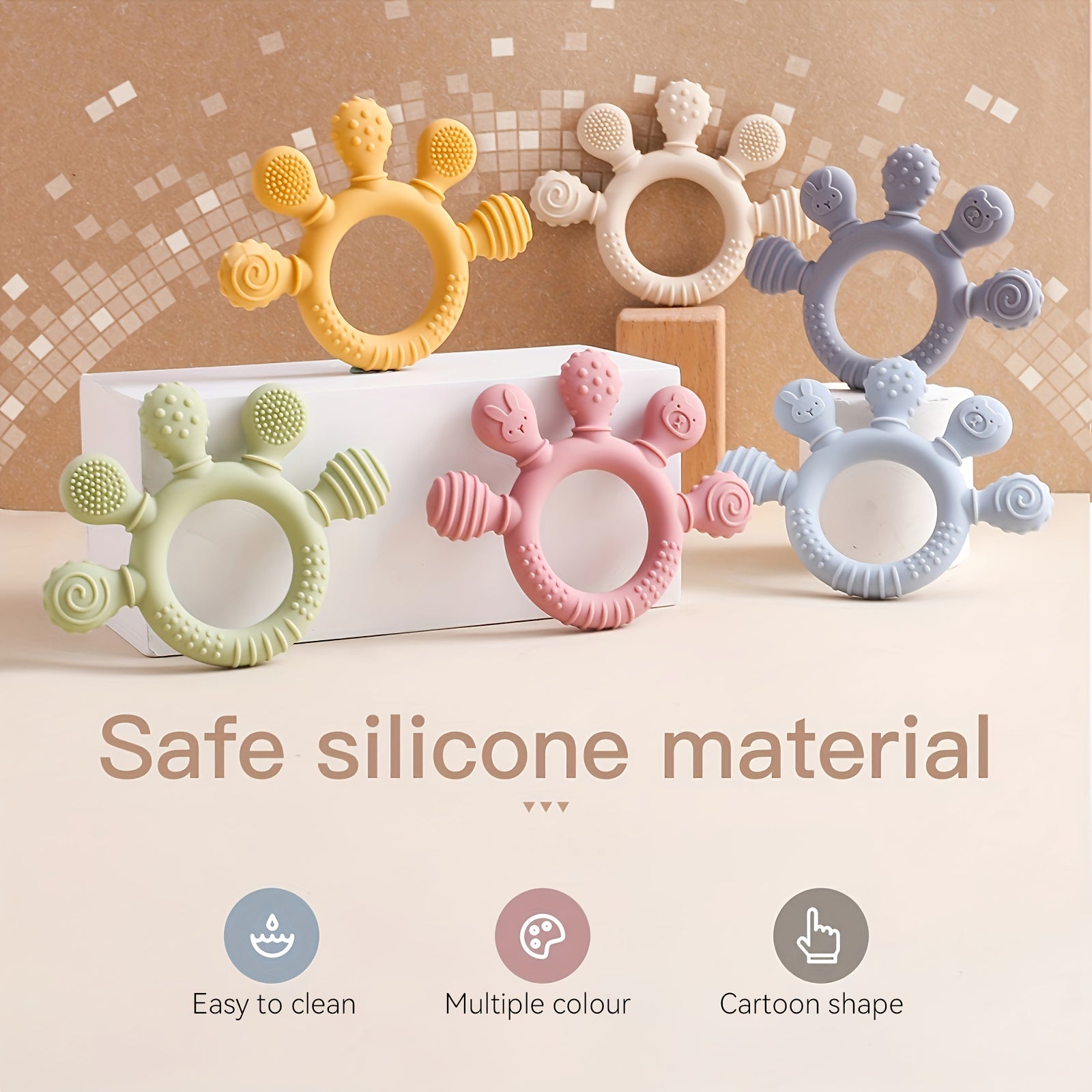 Jucării de dentiție pentru bebeluși – Inele de dentiție din silicon monocolor, cadouri perfecte pentru nou-născuți, baie, Crăciun și zile de naștere