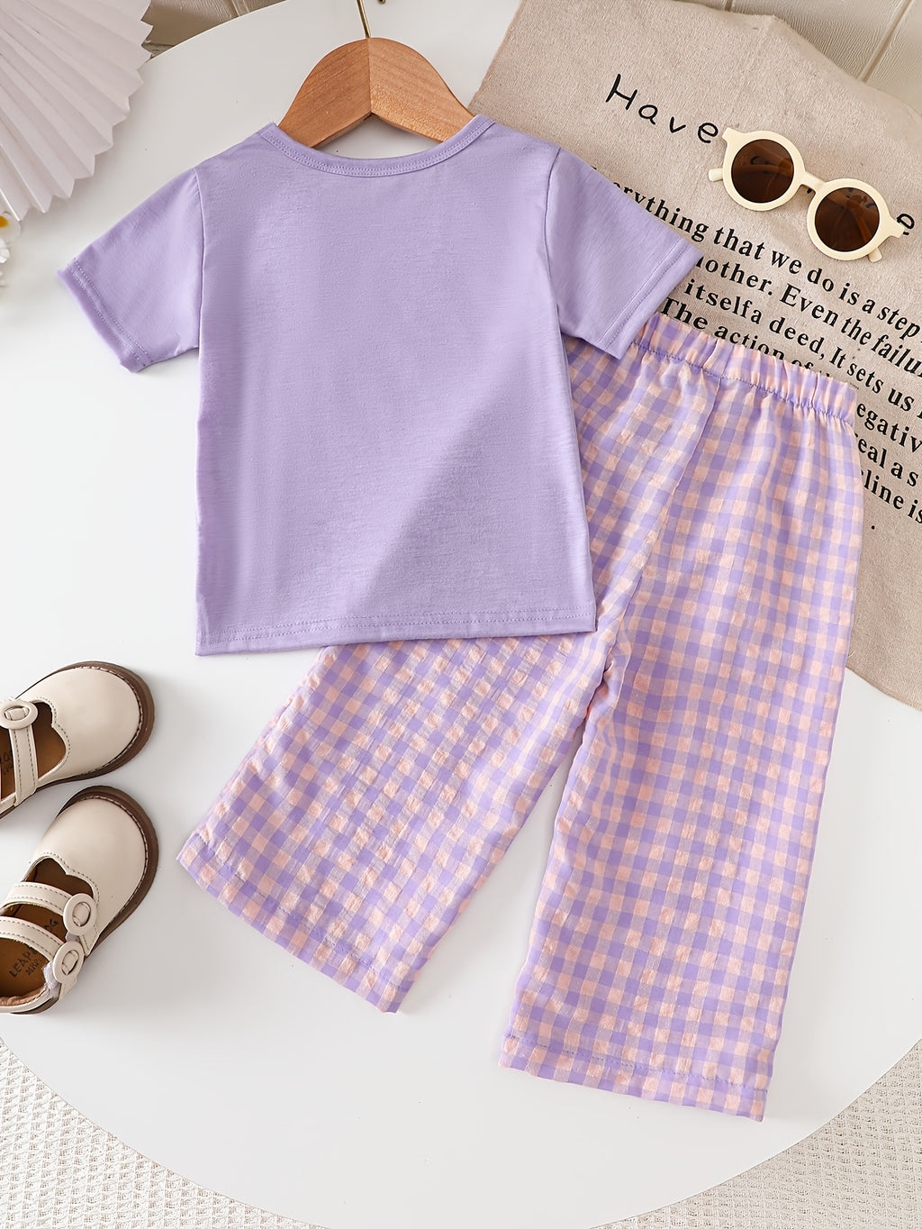 2pcs Girls' Summer Set: Purple Short-sleeved Top Paired with Purple Plaid Long Pants, Featuring Pocket Design, Suitable for Outdoor Wear, Perfect for Outdoor