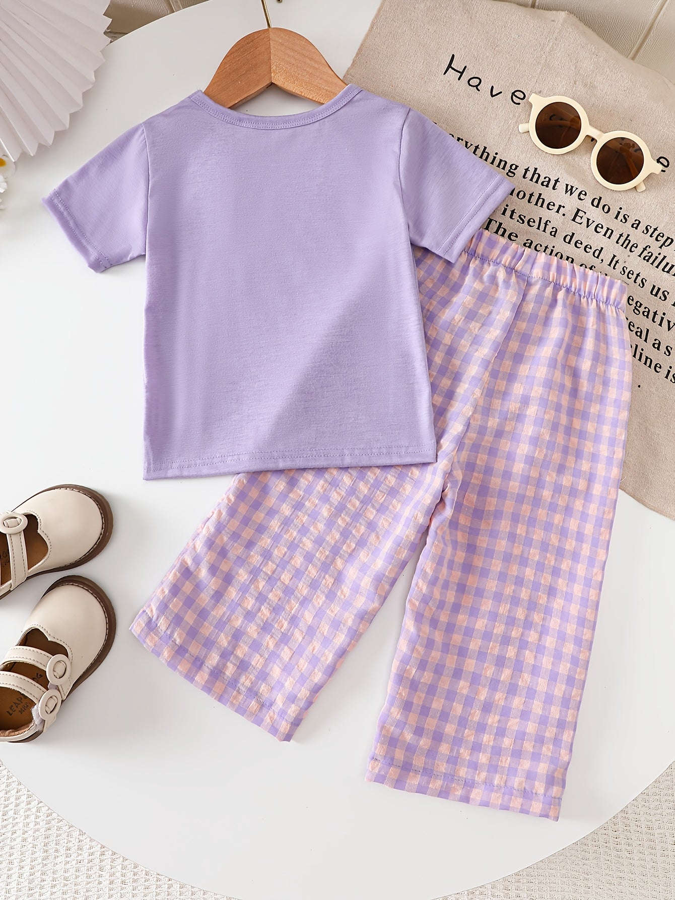 2pcs Girls' Summer Set: Purple Short-sleeved Top Paired with Purple Plaid Long Pants, Featuring Pocket Design, Suitable for Outdoor Wear, Perfect for Outdoor