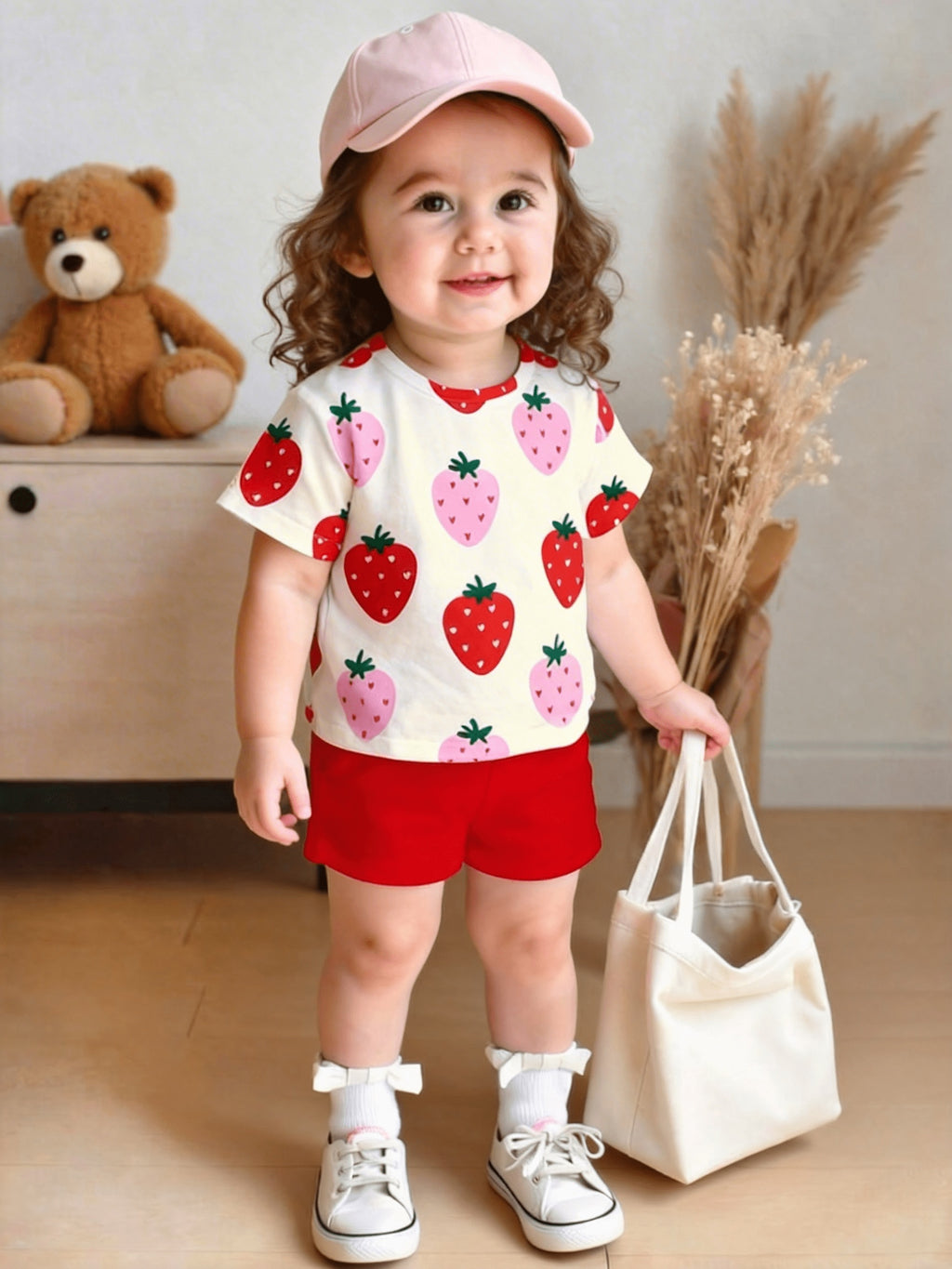 2pcs Set for Girls Ages 1-6, Casual and Cute Summer Strawberry Fruit Print T-Shirt and Leggings Set, Suitable for Daily Wear, Vacations, and Outings, Y2K Style, Comfortable for Kids, Children's Spring and Autumn Fashion, Girls' Fruit Shorts Set