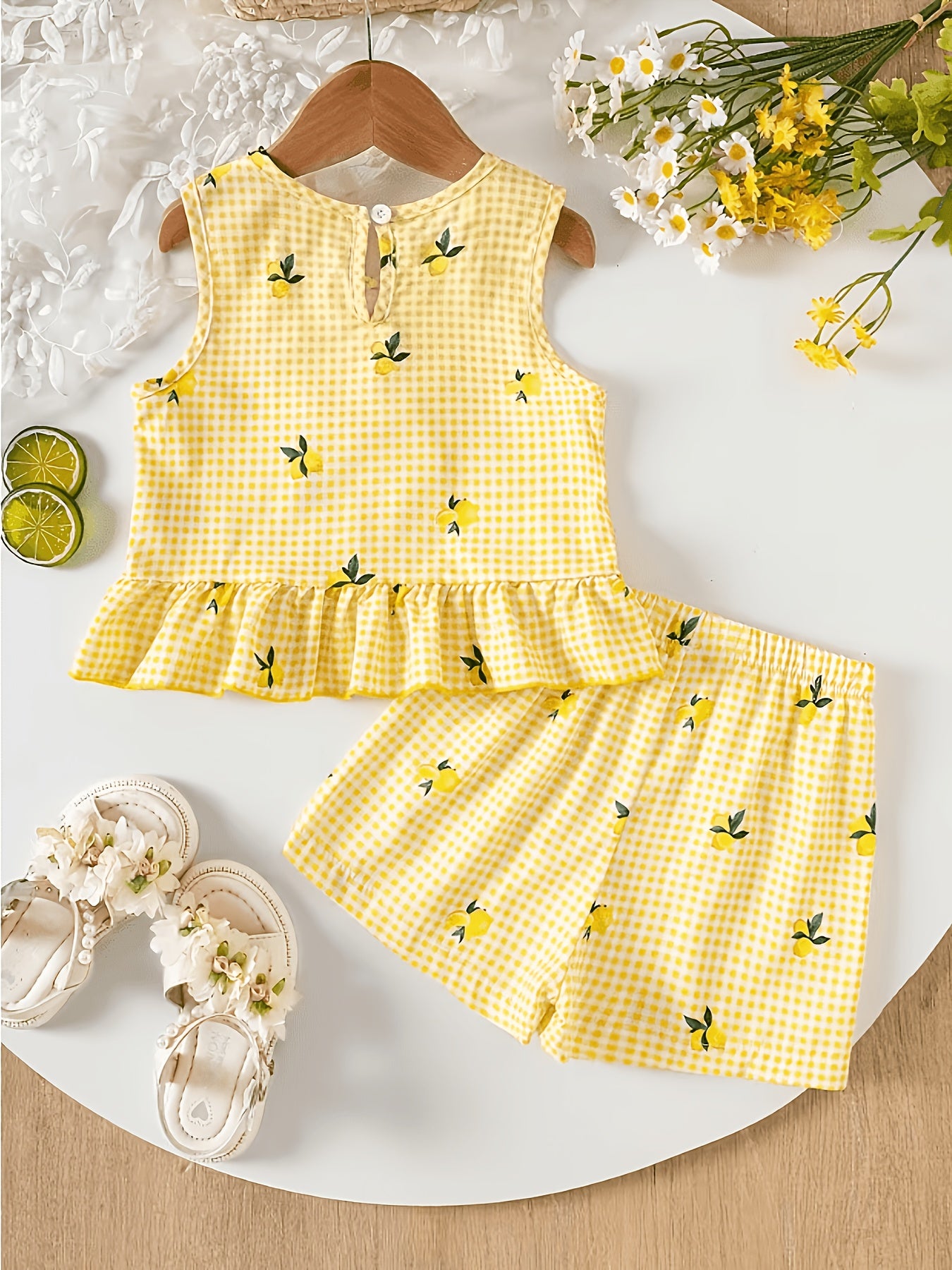 Conjunto de 2 piezas. Conjunto de camiseta sin mangas y pantalón corto para niña con estampado de limones