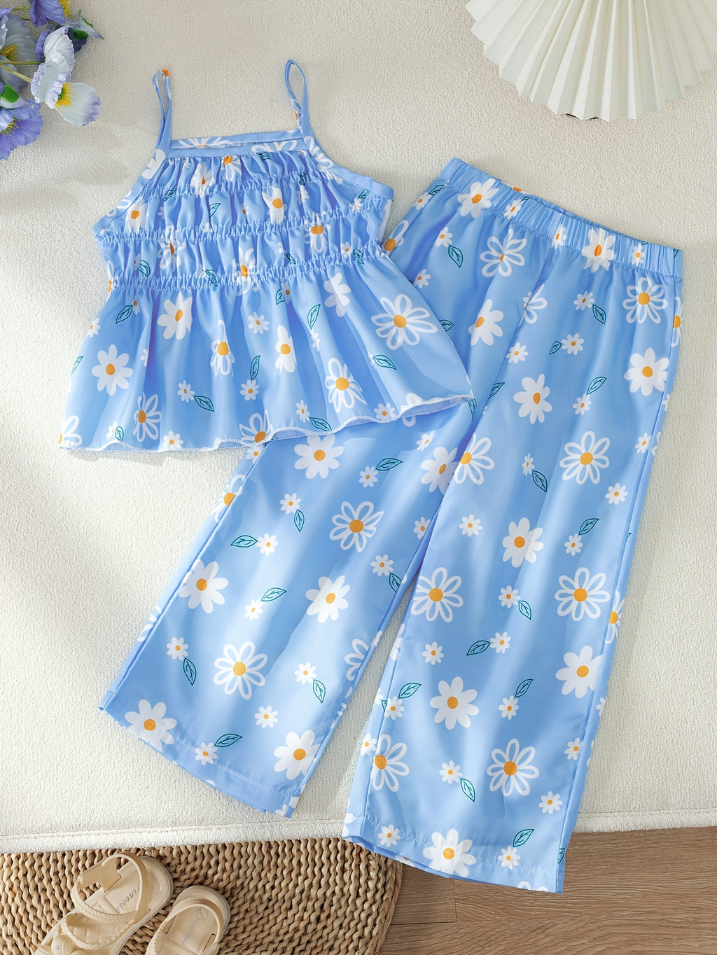 Young Girl Girls' Long Pants 2pcs Set, Rubber Band Camisole Top And Straight Long Pants Elegant Temperament Outing Party Date Outfit Summer, for Outdoor