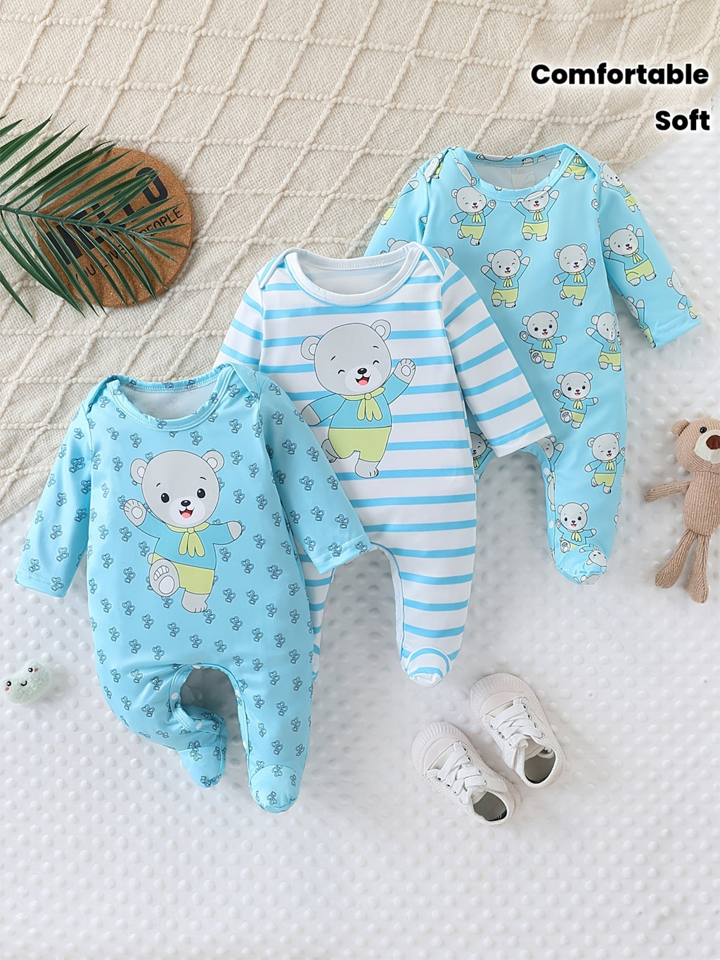 3pcs Baby Boy Footed Romper One-Piece Suit Three-Layer Love Heart Striped Random Print Cute Cartoon Bear Print Long Sleeve Button Design Bodysuit Four Seasons Wear Soft And Comfortable Fabric Baby Christening Gown, for Outdoor