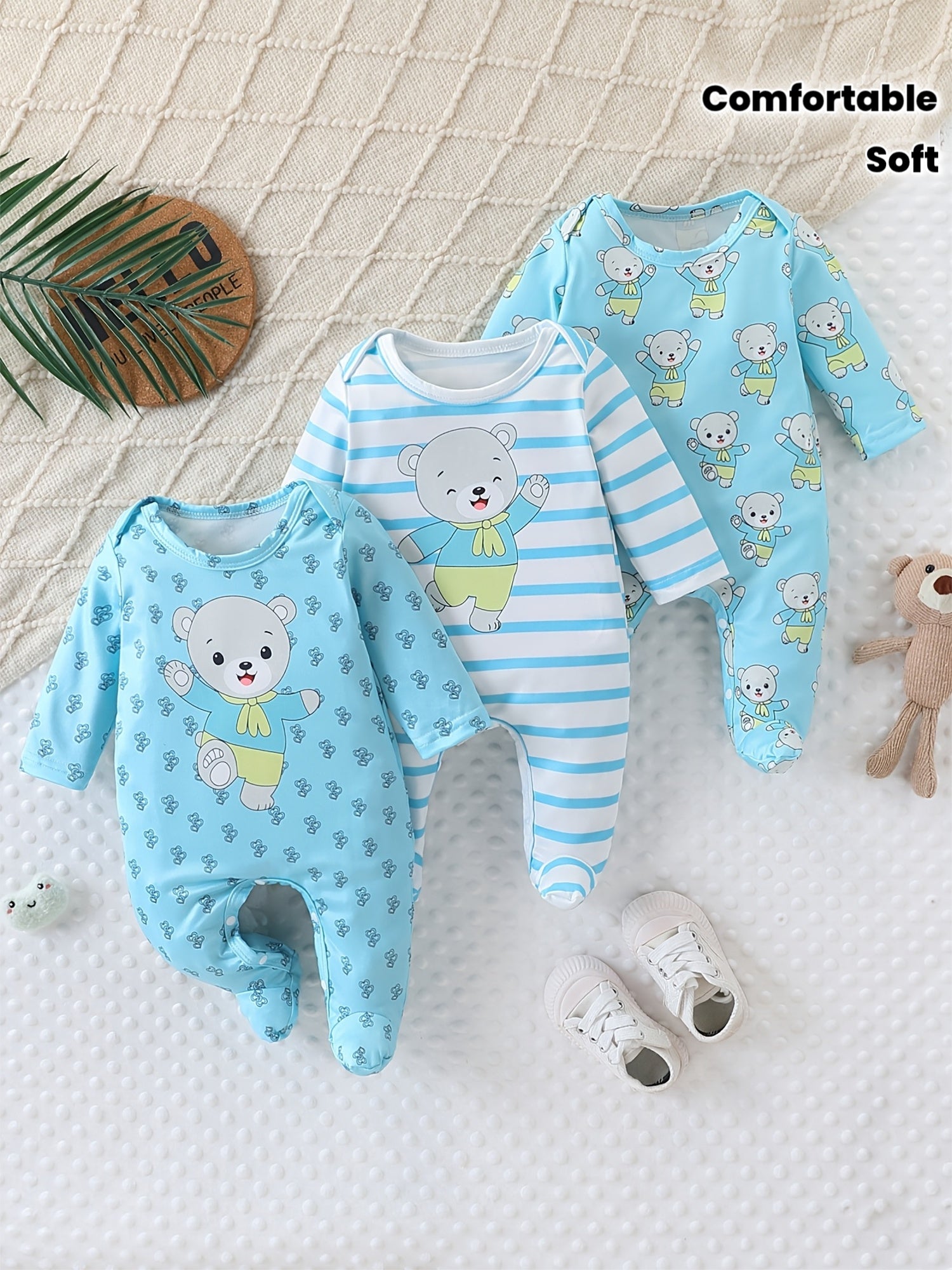 3pcs Baby Boy Footed Romper One-Piece Suit Three-Layer Love Heart Striped Random Print Cute Cartoon Bear Print Long Sleeve Button Design Bodysuit Four Seasons Wear Soft And Comfortable Fabric Baby Christening Gown, for Outdoor