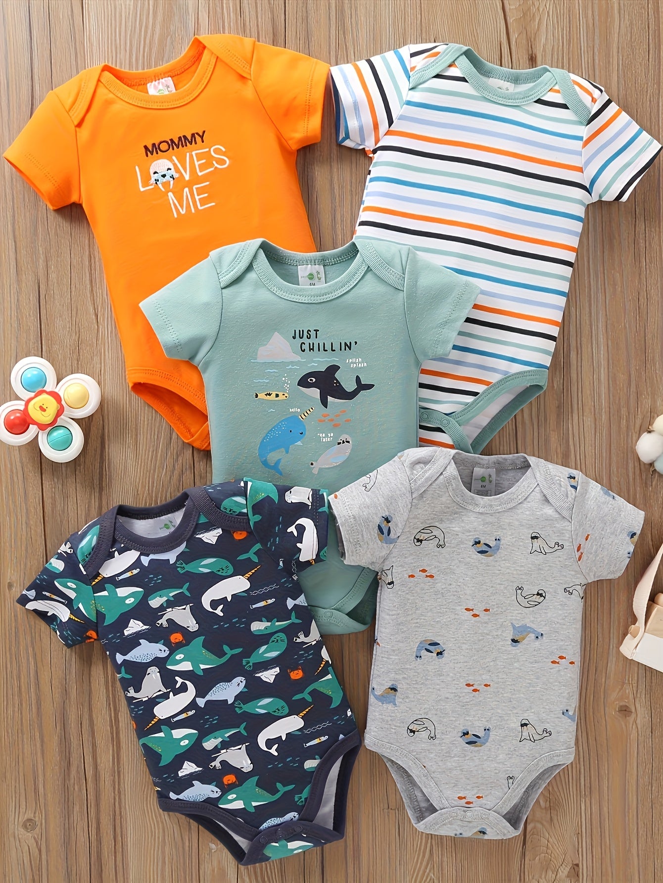 5pcs Set of New Children's Summer Short-sleeved Rompers, Featuring Adorable Cartoon All-over Printed Patterns, Suitable for 0-12 Months, for Baby Boys' Outdoor Wear, Perfect for Outdoor