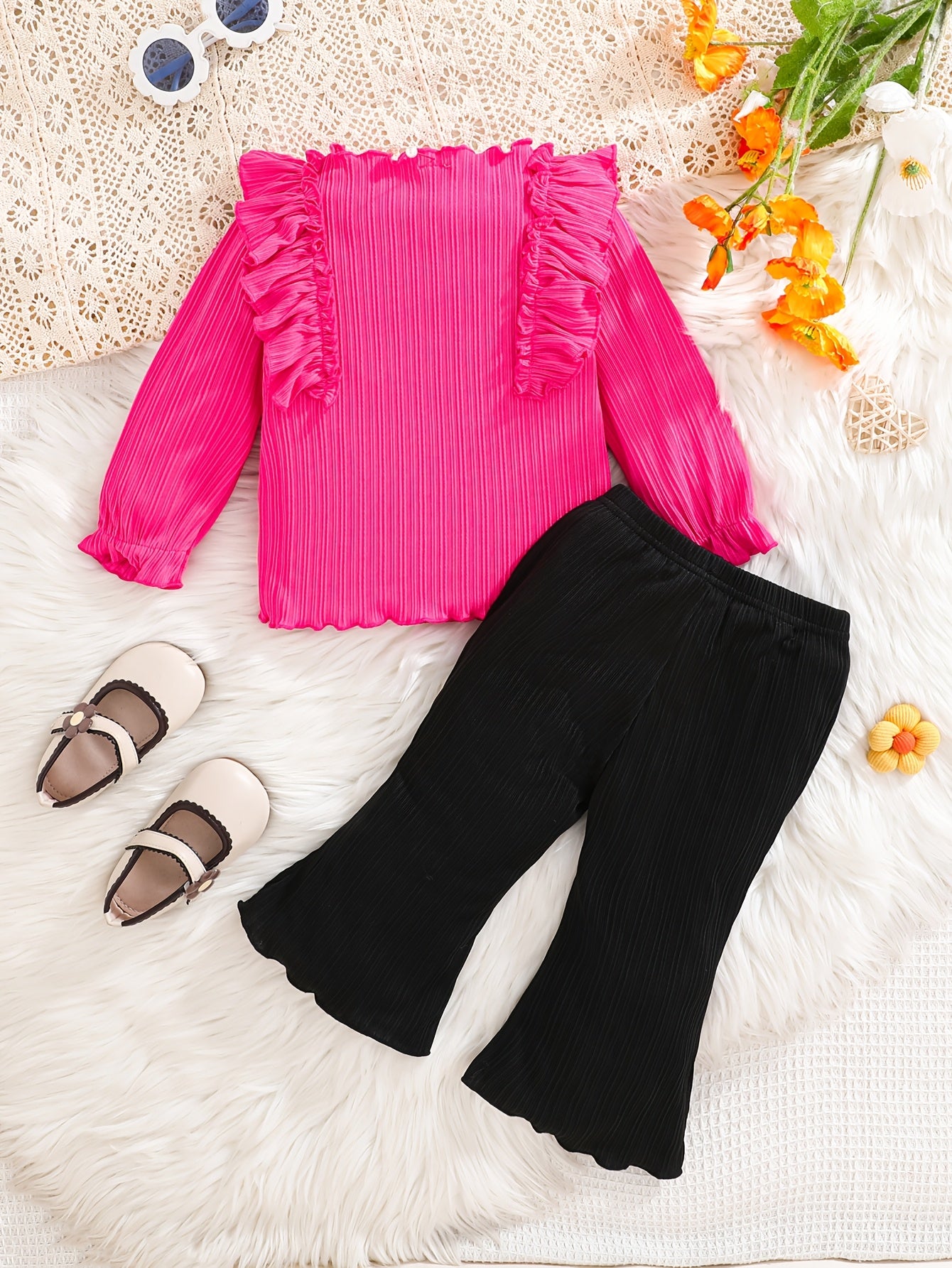 Baby Toddler Girl Clothes Long Sleeve Shirt Tops Bell Bottom Pants 2pcs Kid Little Girl Fall Winter Outfit, Perfect for Outdoor