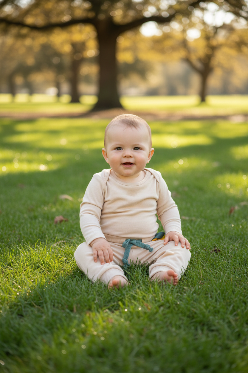 Bebe în pantaloni sport în parc