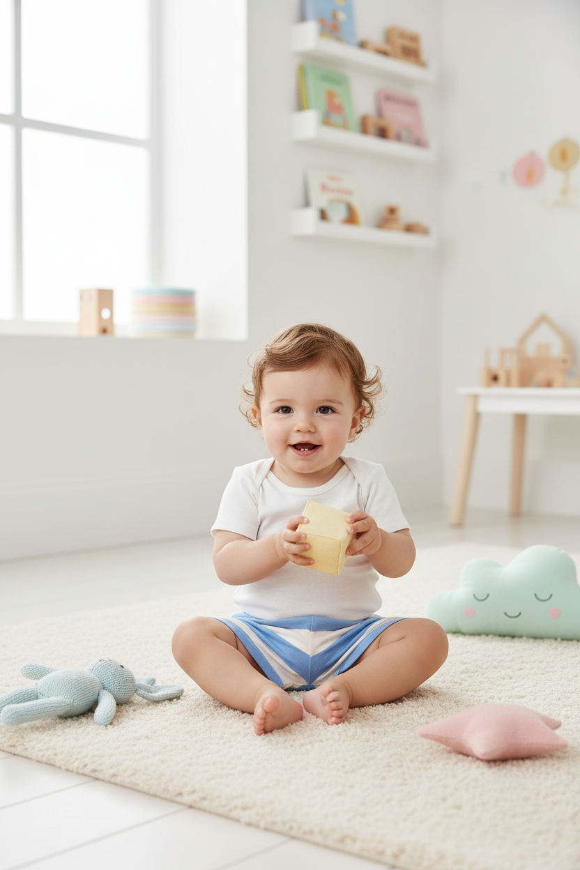 Bebeluș în playroom cu pantaloni în dungi