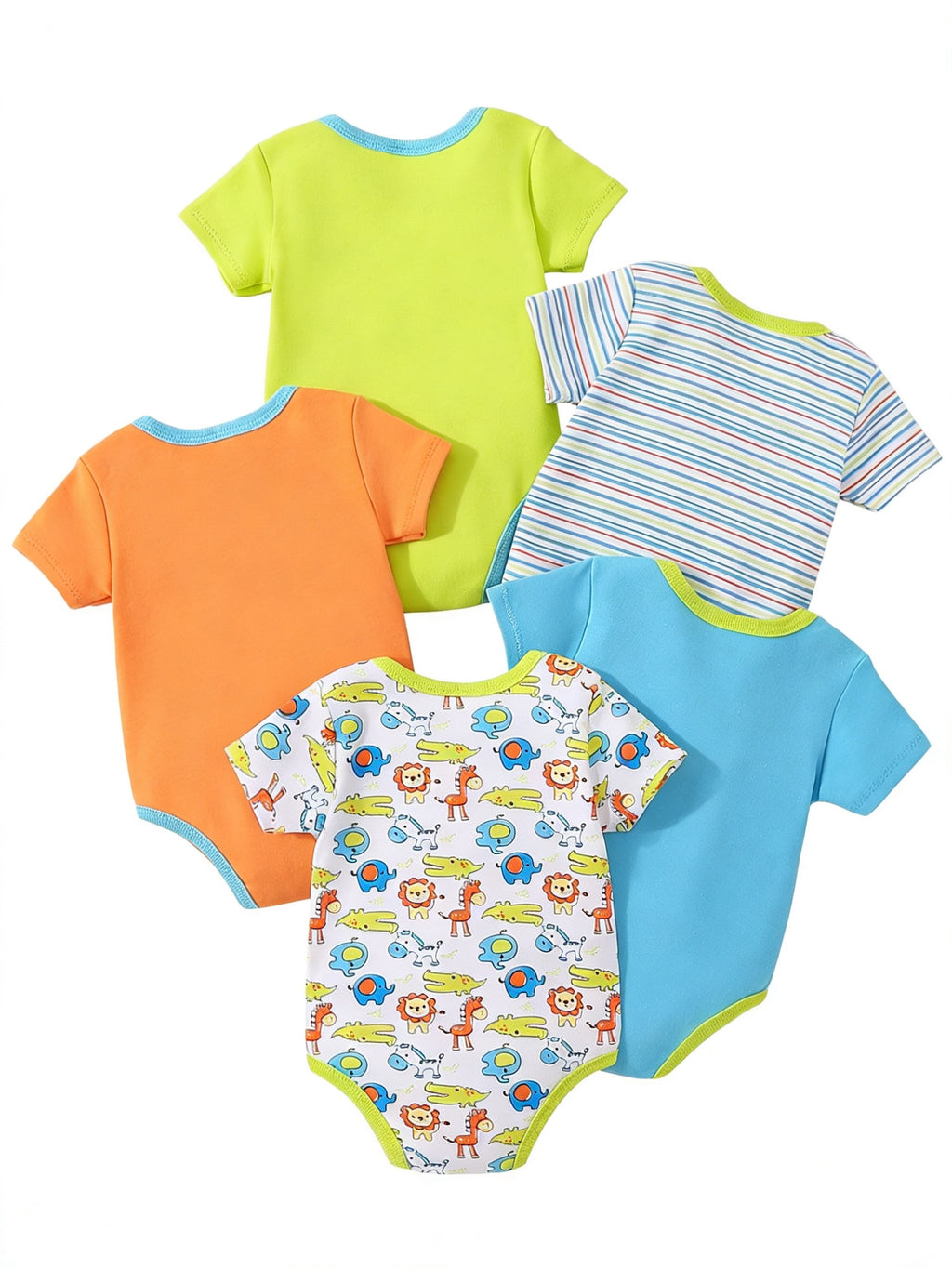 Set 5 Salopete Bebe Unisex cu Imprimeu Animale – 0-12 Luni, Bumbac, Mânecă Scurtă