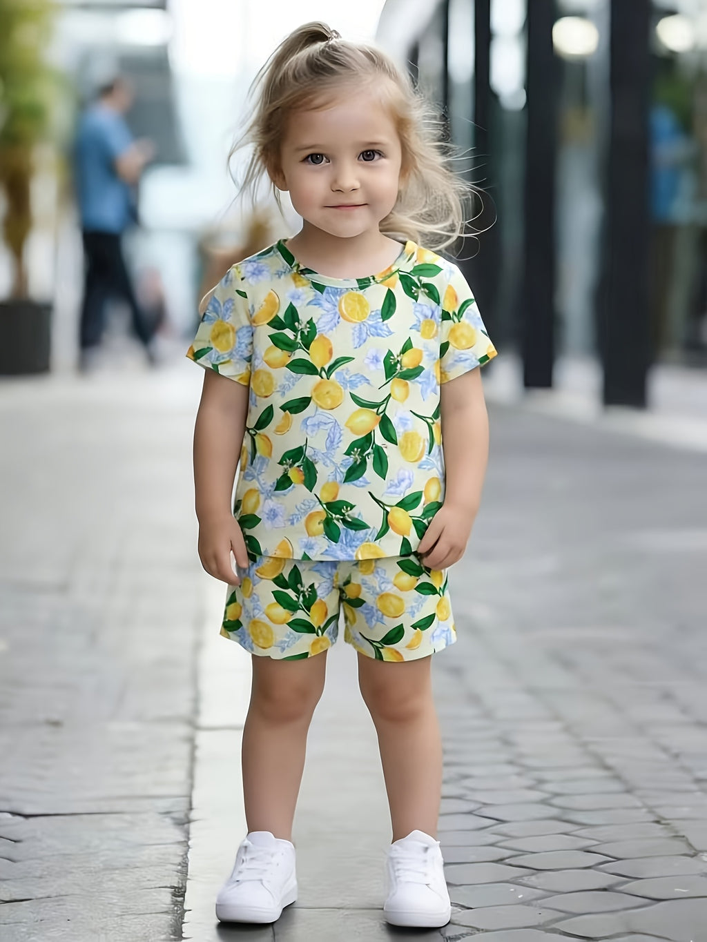 Summer New Arrival Girls Lemon Floral Print Short Sleeve Shorts Set, for Outdoor