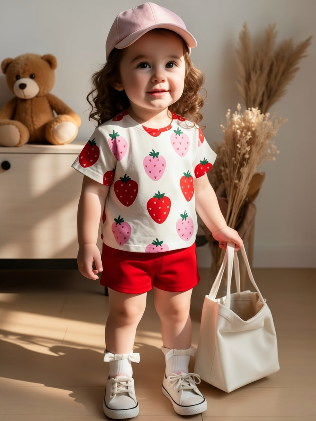 2pcs Set for Girls Ages 1-6, Casual and Cute Summer Strawberry Fruit Print T-Shirt and Leggings Set, Suitable for Daily Wear, Vacations, and Outings, Y2K Style, Comfortable for Kids, Children's Spring and Autumn Fashion, Girls' Fruit Shorts Set