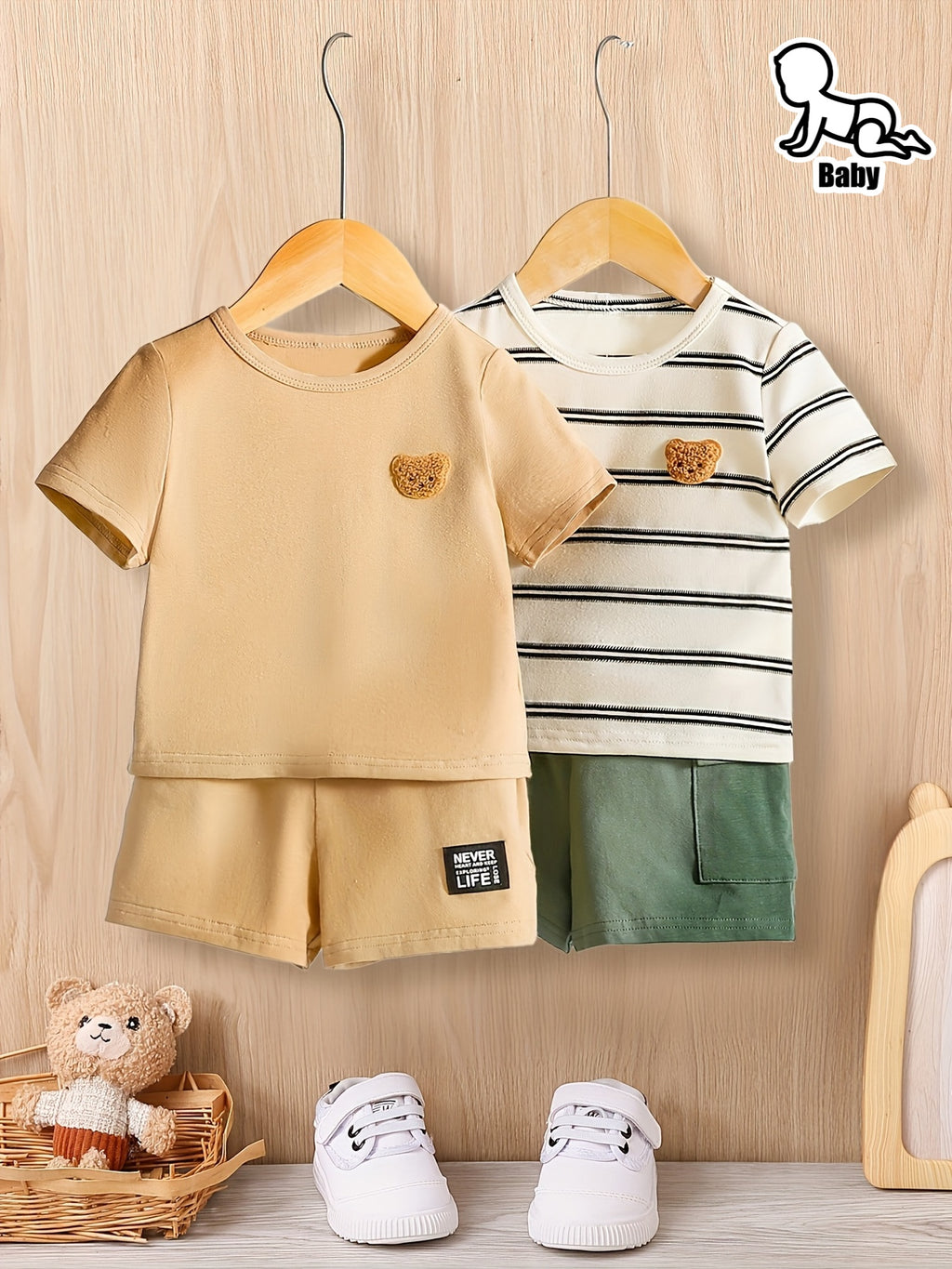 Baby Boy 2Pcss Korean Casual Cartoon Style Round Neck T-Shirt And 2Pcss Shorts 4pcs Set for Outdoor