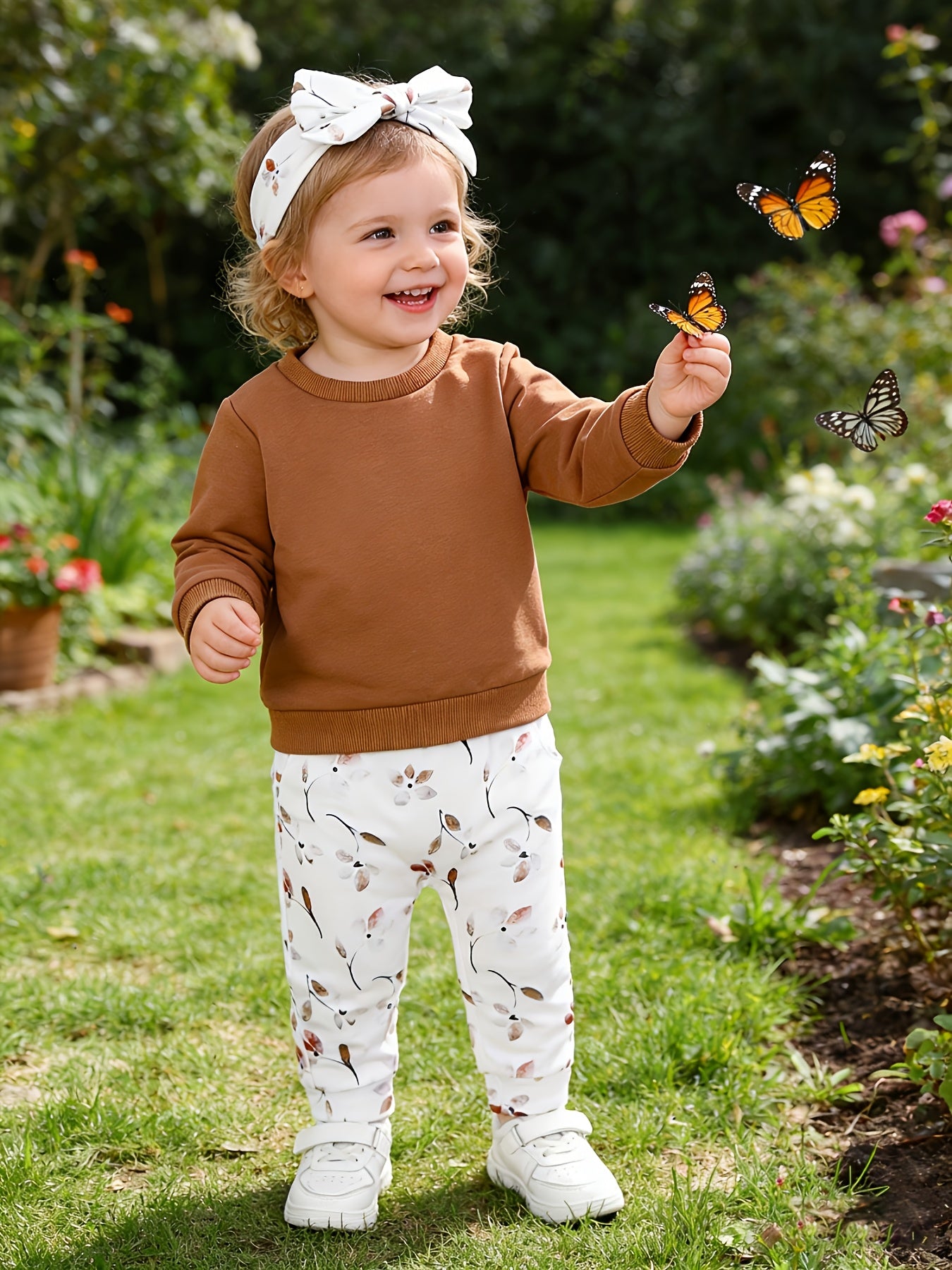 Autumn And Winter New Children'S Clothes Round Neck Long Sleeve Casual Sports Sweatshirt Long Pants Headband Three-Piece Baby Clothes, for Outdoor