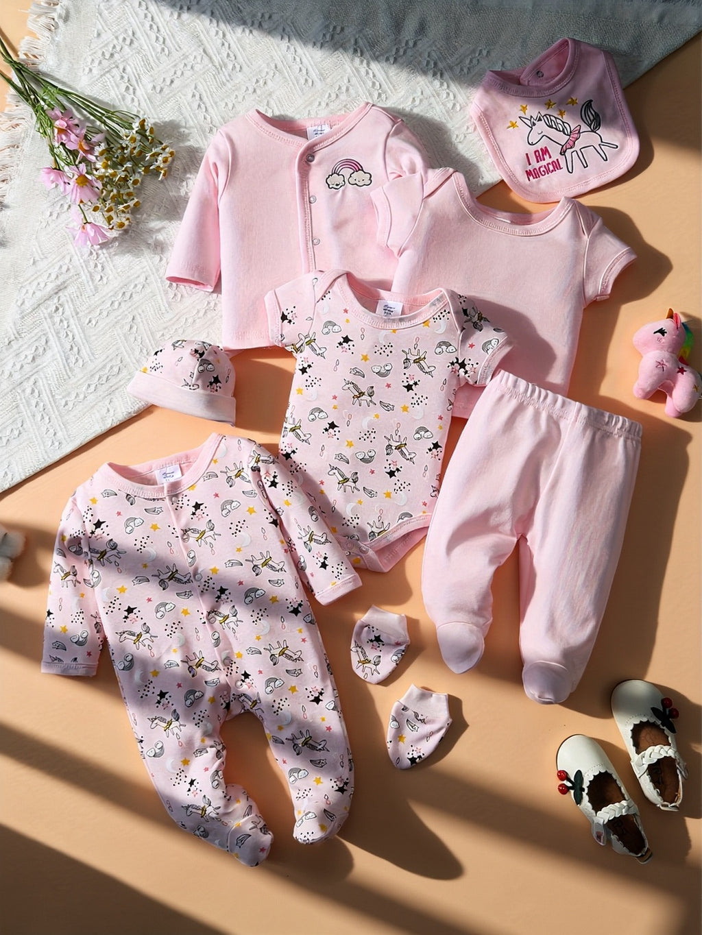 8pcs Baby Outfit Suitable for - Soft Breathable Pants, Matching Hat, Bonnet, Socks, Romper & More - Spring Summer Clothes, Machine Washable Wear, Perfect for Outdoor