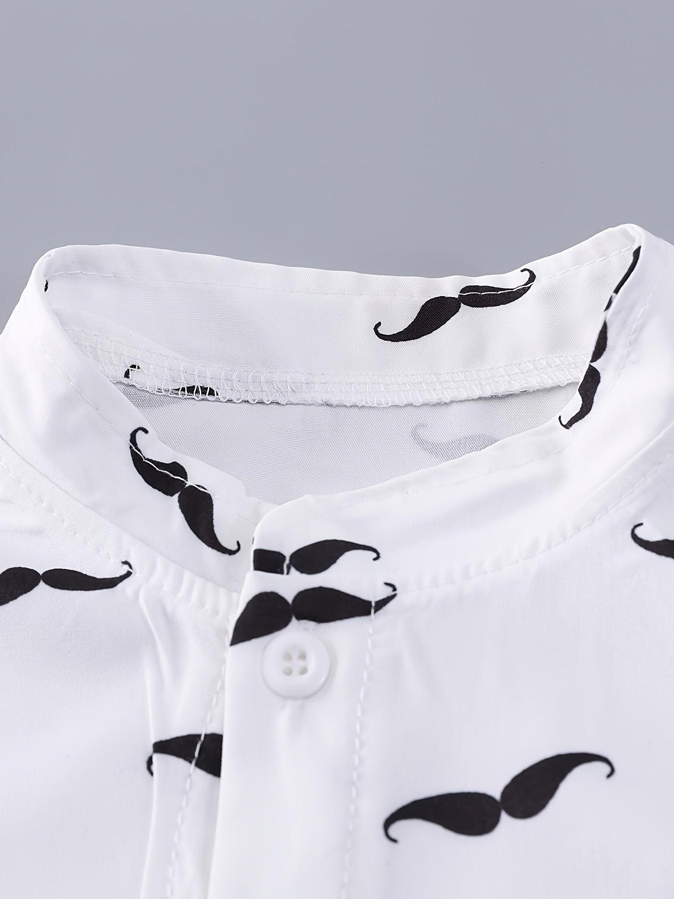 All-Over Print Upturned Mustache White Short-Sleeved Shirt Set, for Outdoor