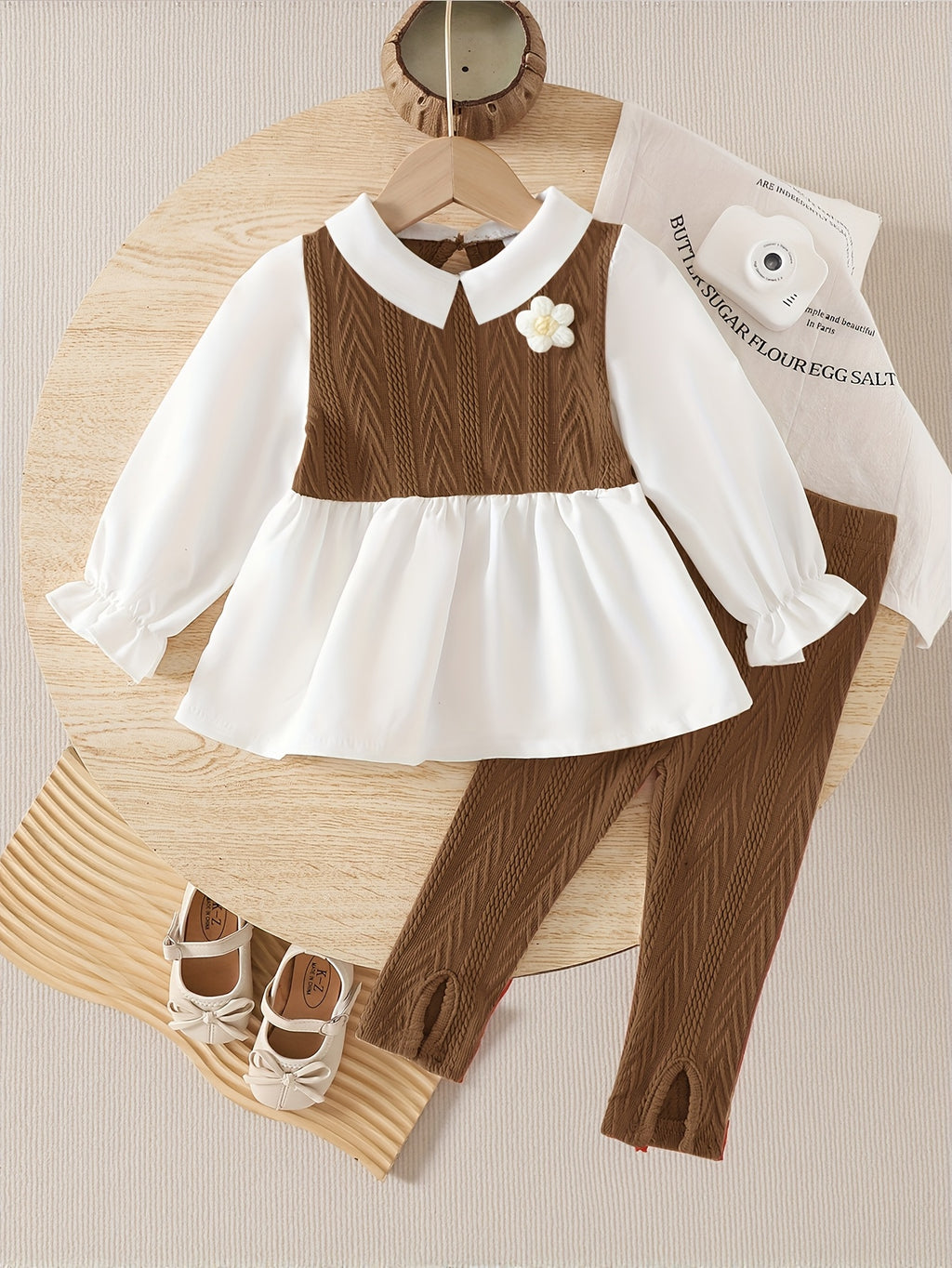 Girls' Spring/Autumn Contrast Color Set: Elegant Floral Appliqué Long-Sleeve Shirt and Pants Outfit, Perfect for Outdoor