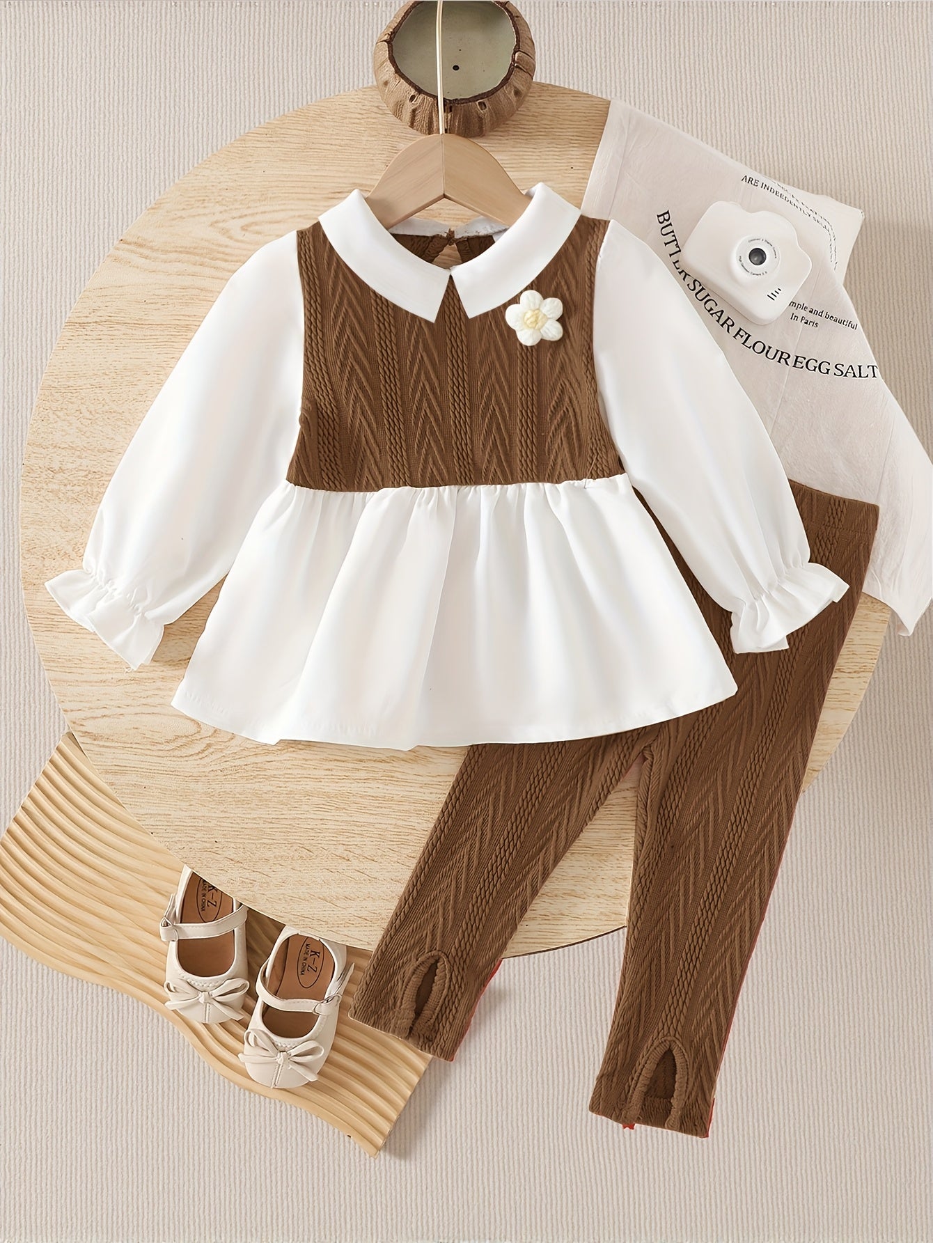 Girls' Spring/Autumn Contrast Color Set: Elegant Floral Appliqué Long-Sleeve Shirt and Pants Outfit, Perfect for Outdoor