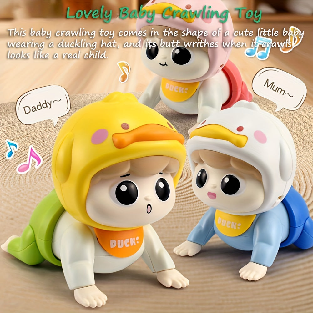 Baby Crawling Toy, Duck Crawling Baby Toy Crawling Doll Toy Funny Ducking Crawling Toy Baby Head-Up Exercises Toy Tummy Time Toy with Music And Mum & Daddy Sound, Christmas Gifts