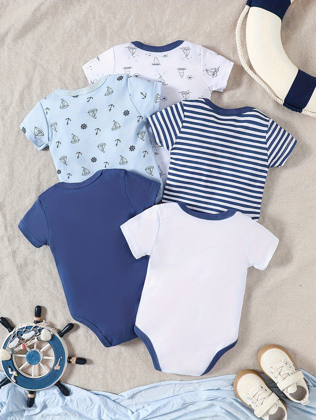 Set 5 Piese Body Băieți cu Dungi Marine – Bumbac Moale, Confortabil, Perfect pentru Exterior