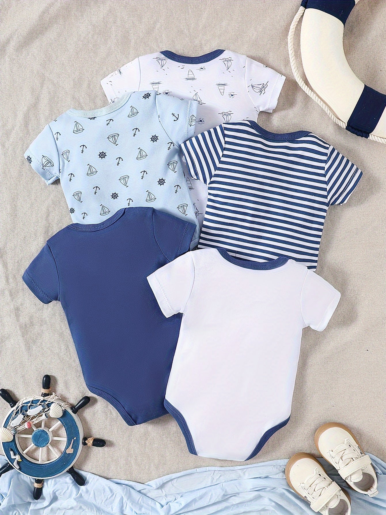 Set 5 Piese Body Băieți cu Dungi Marine – Bumbac Moale, Confortabil, Perfect pentru Exterior