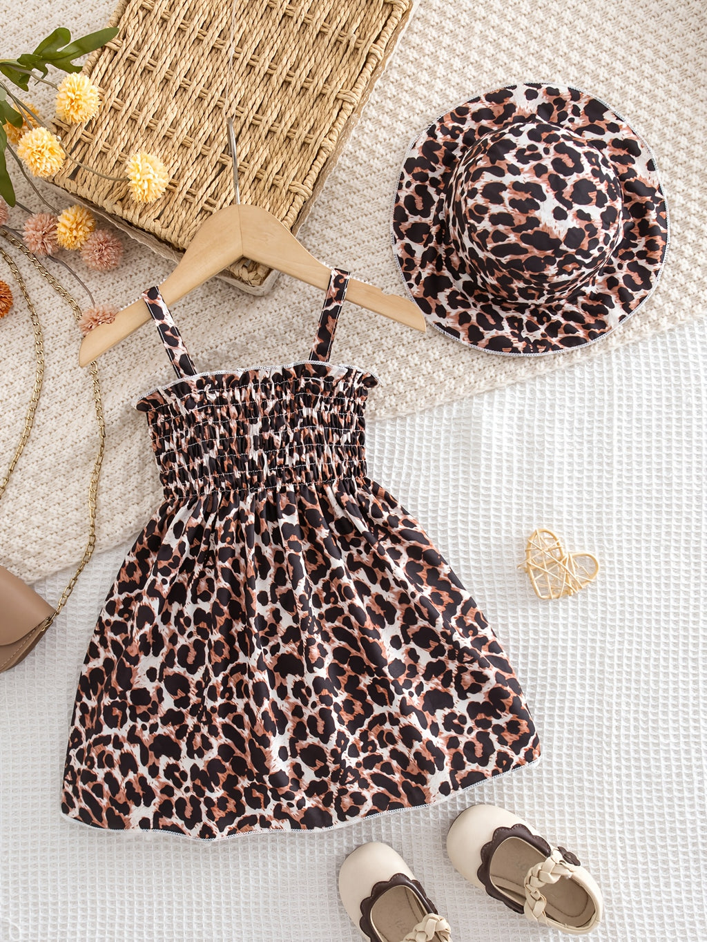 0-3 Years Old Baby Fashion Trendy Leopard Print Dress And Matching Hat, Outdoor Casual Vacation Princess Dress Outfit