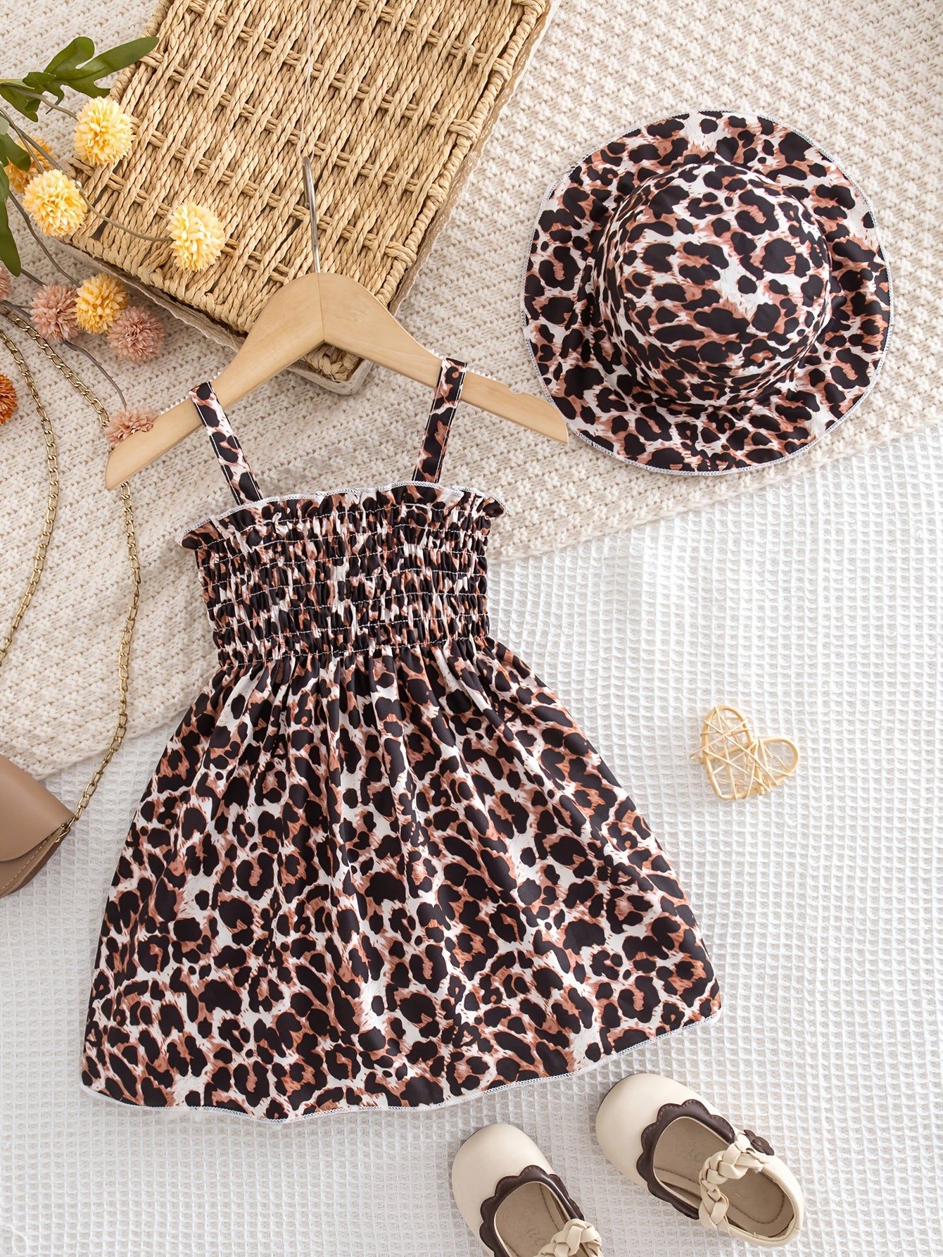 0-3 Years Old Baby Fashion Trendy Leopard Print Dress And Matching Hat, Outdoor Casual Vacation Princess Dress Outfit