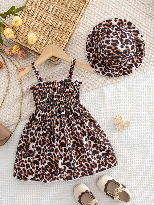 0-3 Years Old Baby Fashion Trendy Leopard Print Dress And Matching Hat, Outdoor Casual Vacation Princess Dress Outfit