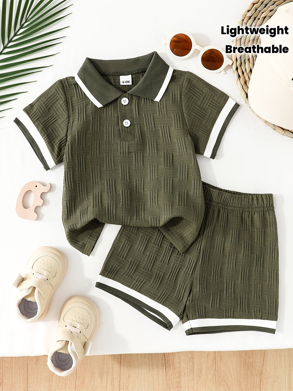 Children'S Baby Summer New Short Sleeve Short Shorts Set, Olive Green Retro Easy Polo Shirt Short Sleeve Contrast Ribbed Collar And Cuff Design, 3D Vertical Stripe Textured Fabric Lightweight Breathable Cool Set, for Outdoor