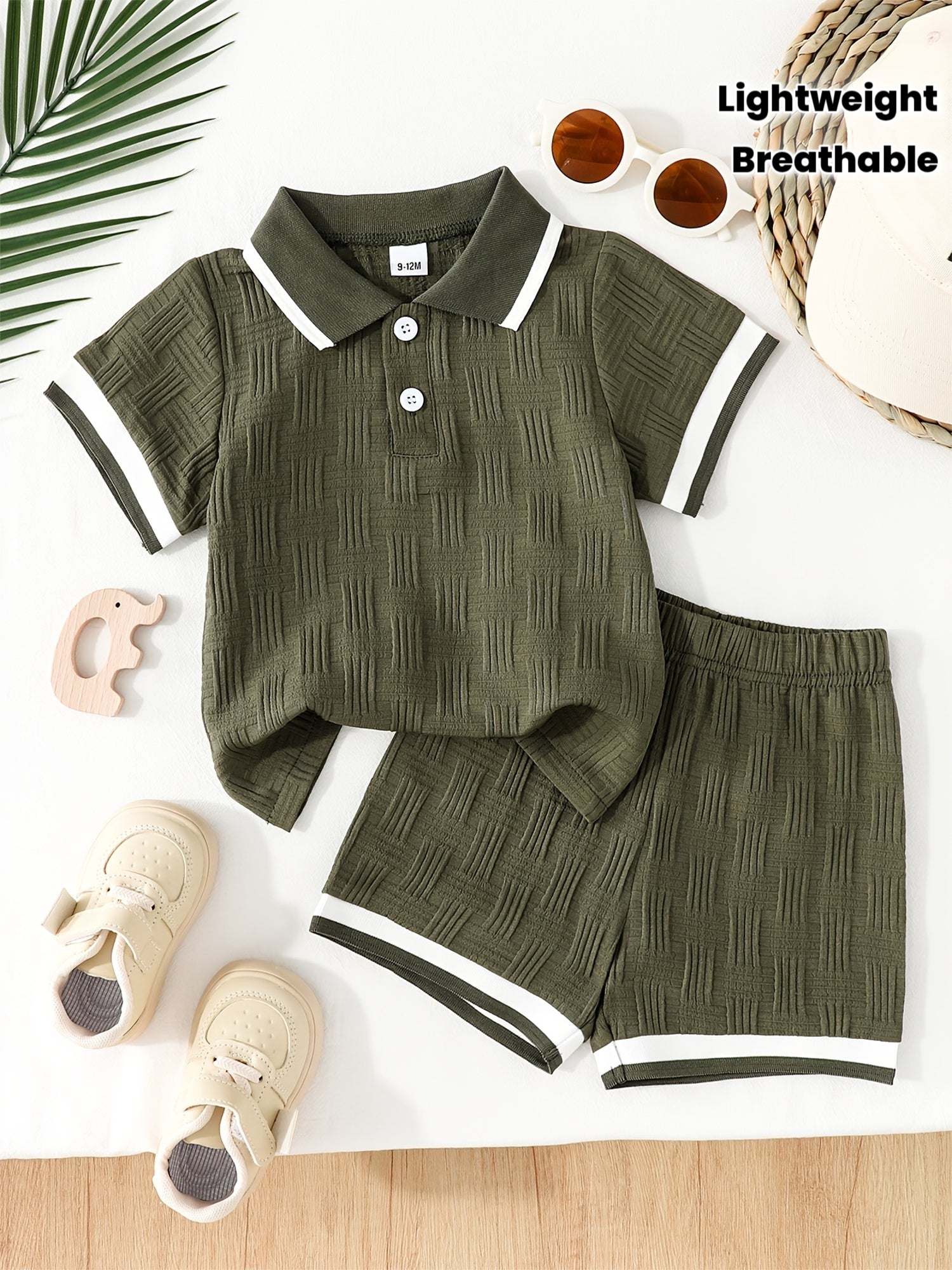 Children'S Baby Summer New Short Sleeve Short Shorts Set, Olive Green Retro Easy Polo Shirt Short Sleeve Contrast Ribbed Collar And Cuff Design, 3D Vertical Stripe Textured Fabric Lightweight Breathable Cool Set, for Outdoor