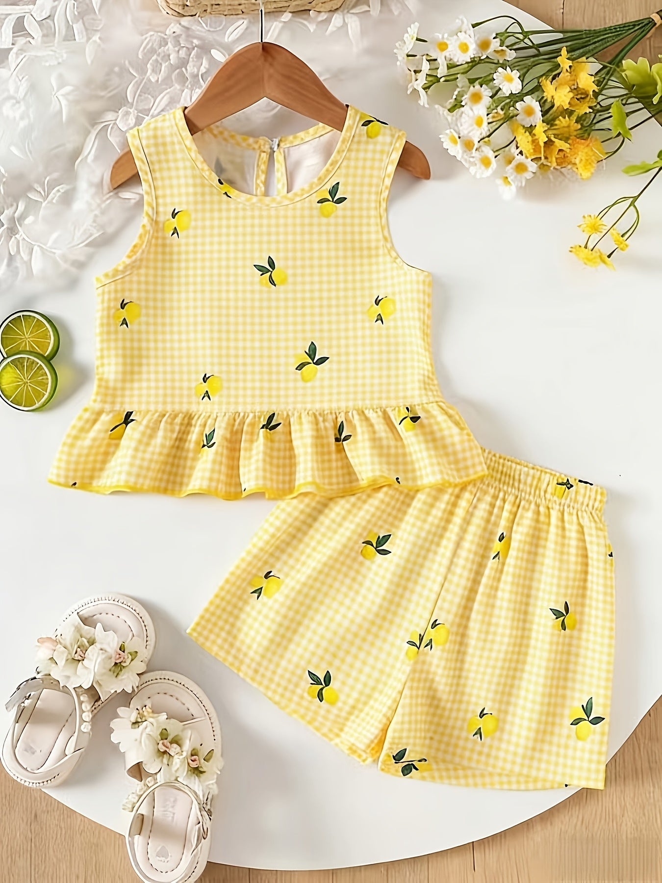 Conjunto de 2 piezas. Conjunto de camiseta sin mangas y pantalón corto para niña con estampado de limones