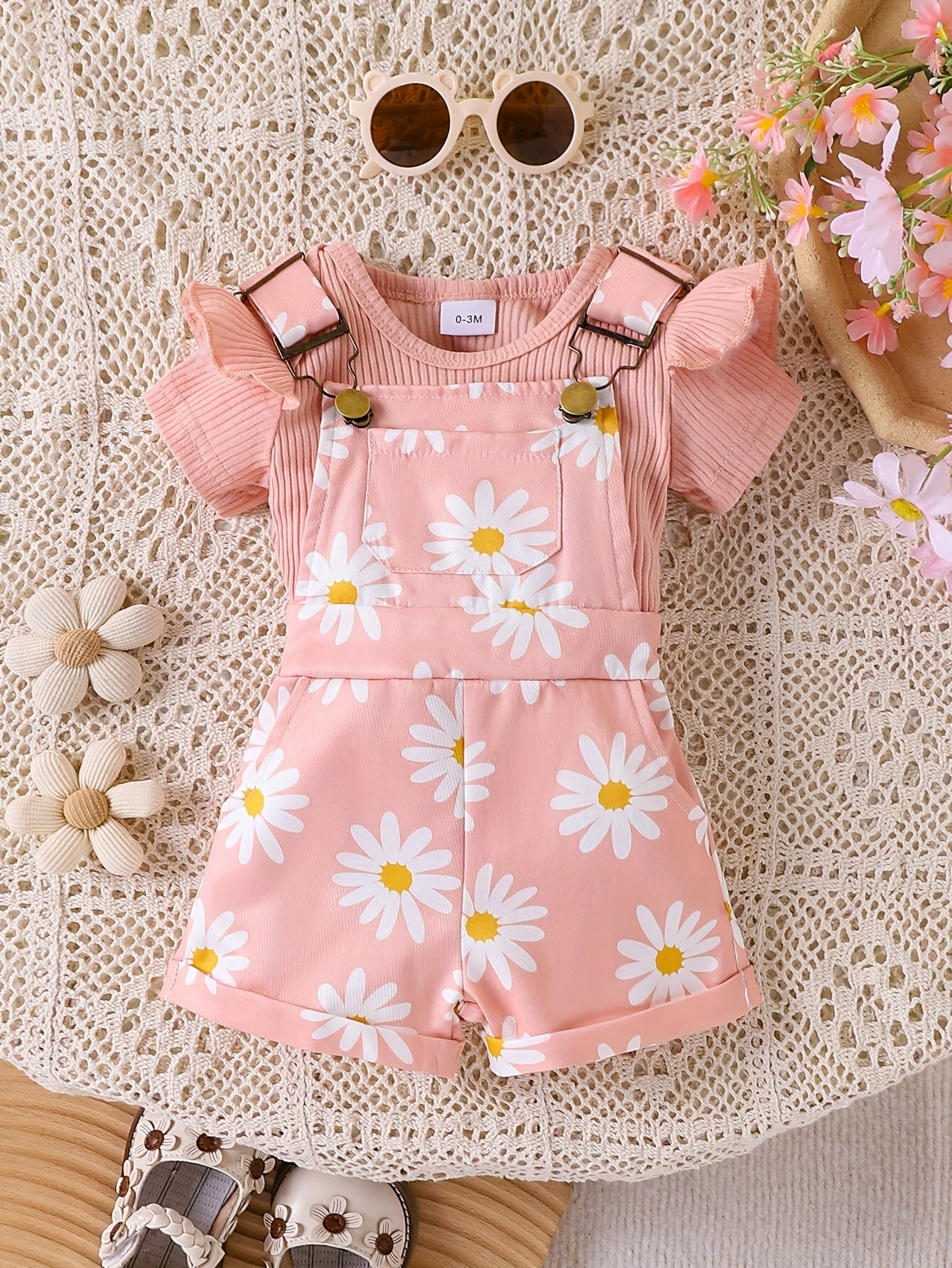 Children'S Baby Clothing 2pcs Set, Solid Short Sleeve Ruffled Top Practical And Convenient Bodysuit, Newborn Baby Jumpsuit with Print And Pocket Overalls, for Outdoor