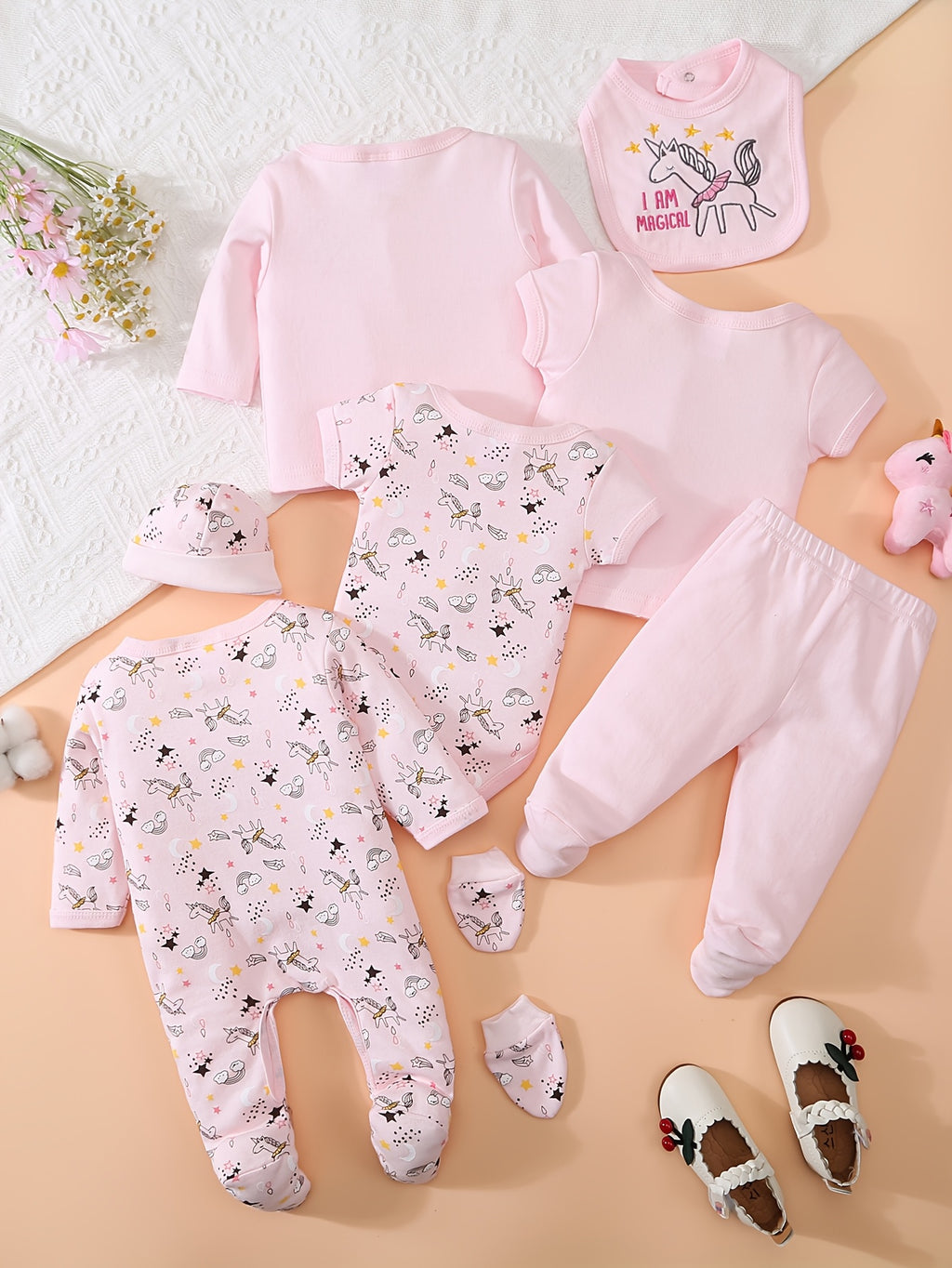 8pcs Baby Outfit Suitable for - Soft Breathable Pants, Matching Hat, Bonnet, Socks, Romper & More - Spring Summer Clothes, Machine Washable Wear, Perfect for Outdoor