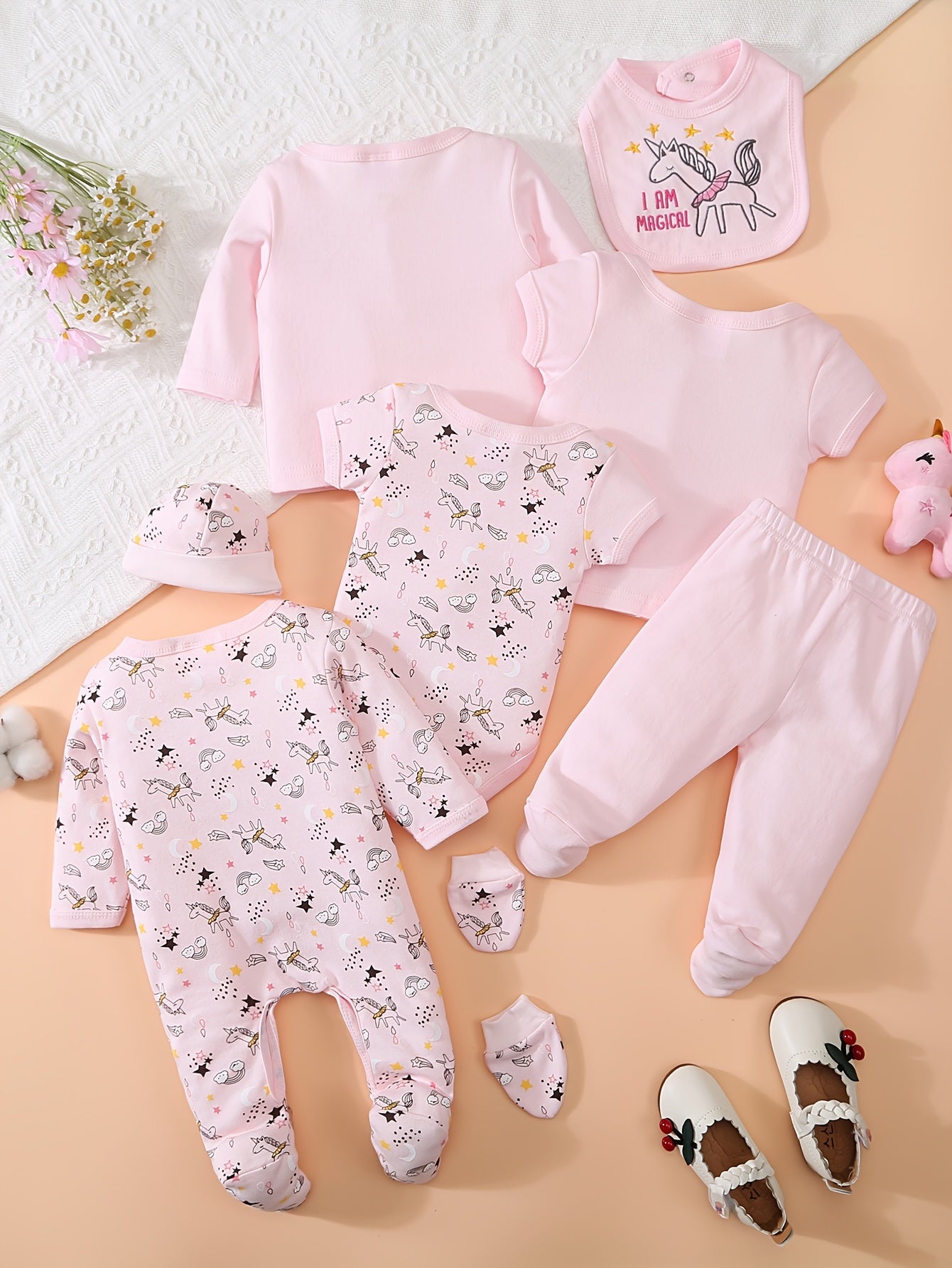 8pcs Baby Outfit Suitable for - Soft Breathable Pants, Matching Hat, Bonnet, Socks, Romper & More - Spring Summer Clothes, Machine Washable Wear, Perfect for Outdoor