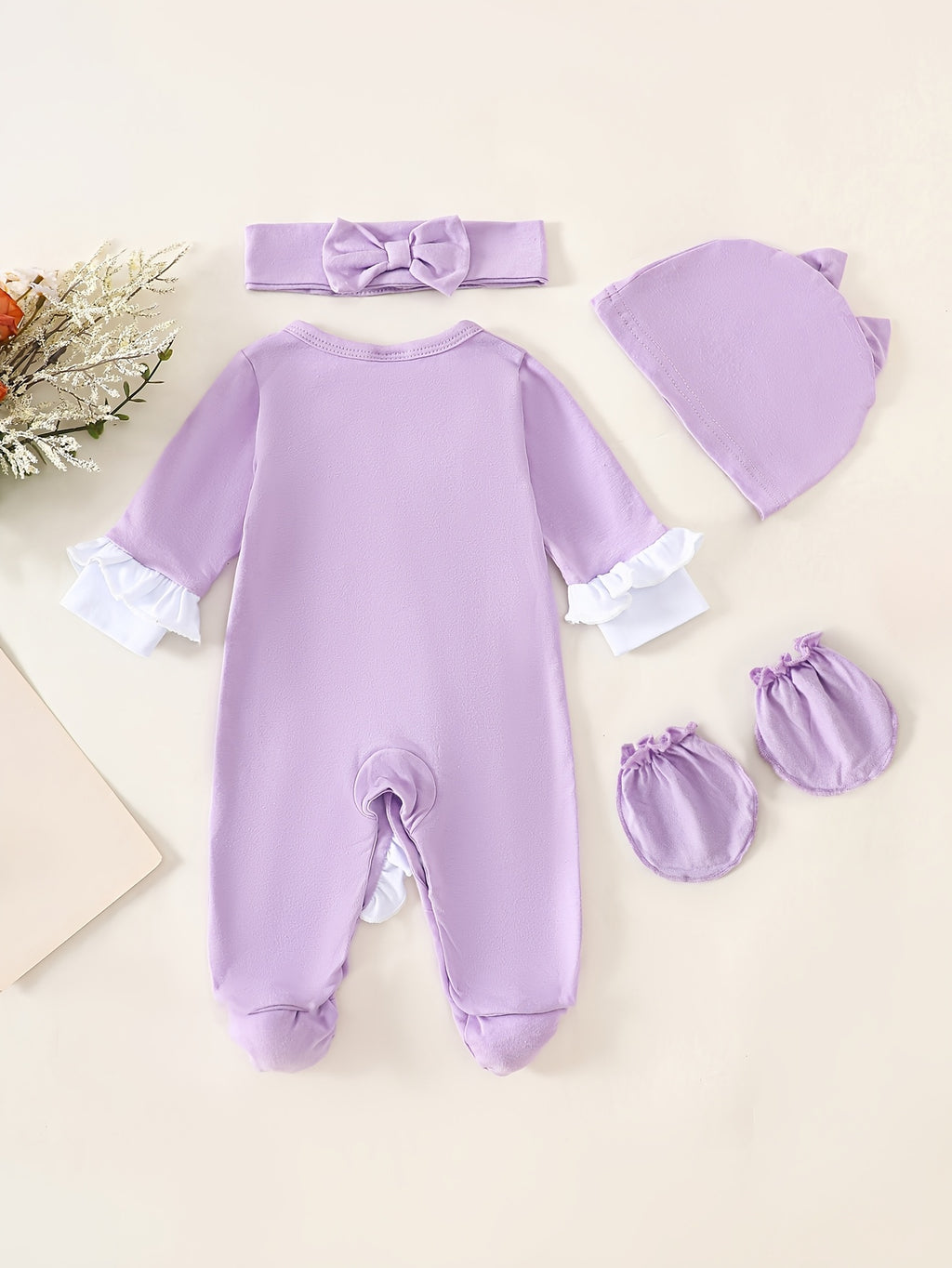 Baby Girl Spring/Autumn Letter Print Footed Bodysuit with Headscarf, Hat, and Gloves Set - Contrast Color Ruffled Lace Trim Casual Cute Outdoor Toddler Wear, Perfect for Outdoor