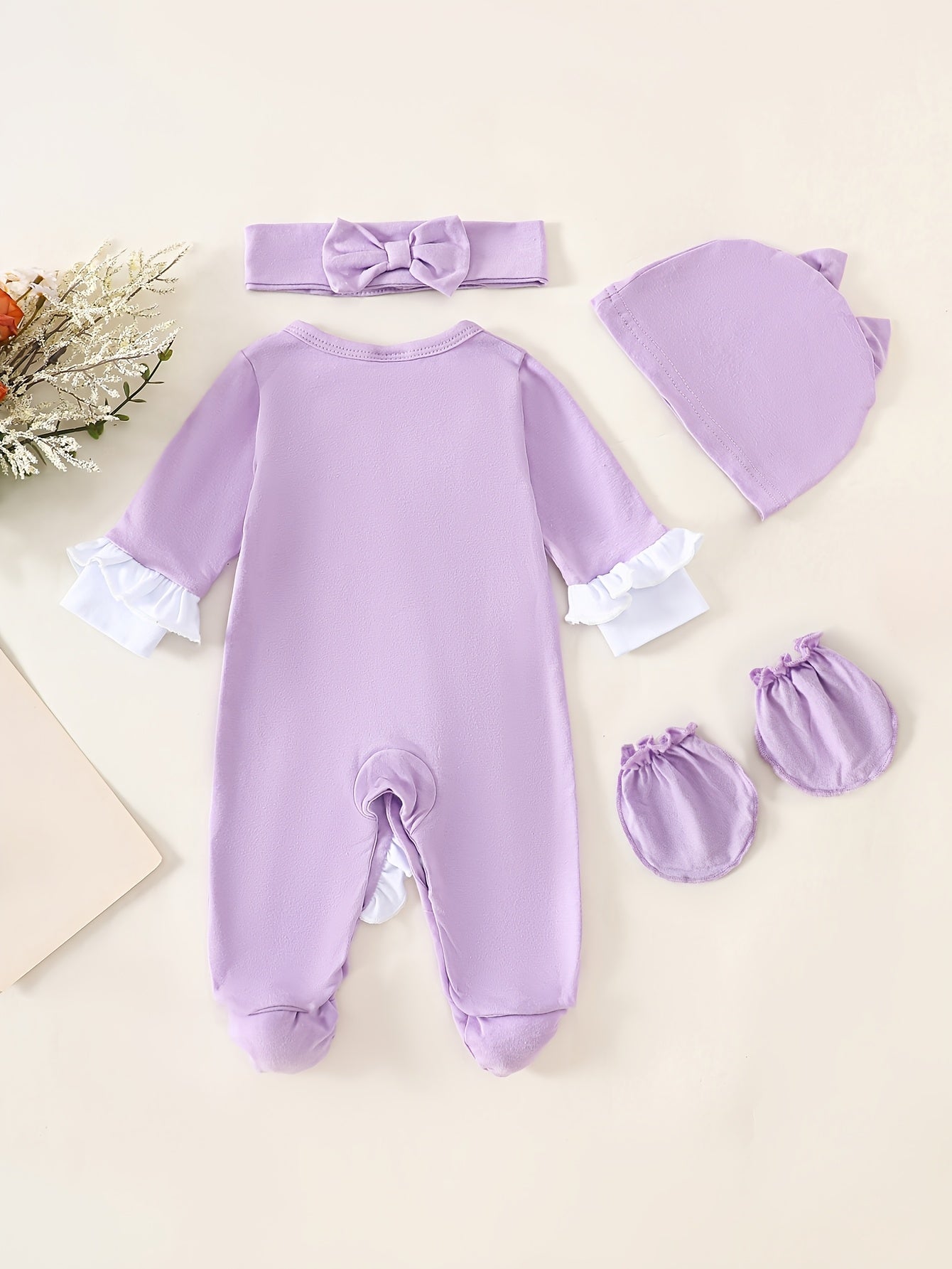 Baby Girl Spring/Autumn Letter Print Footed Bodysuit with Headscarf, Hat, and Gloves Set - Contrast Color Ruffled Lace Trim Casual Cute Outdoor Toddler Wear, Perfect for Outdoor