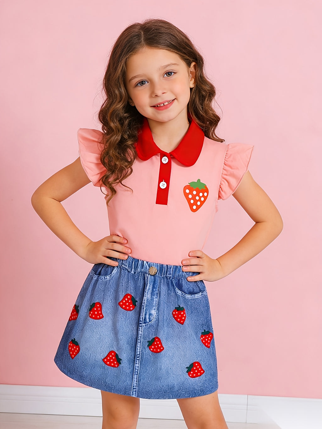 2pcs Outfit for Young Featuring a Sleeveless Top with a Pink And Red Collar And Strawberry Print, Paired with a Faux Denim-Style Skirt Adorned with Strawberries, Perfect for Spring And Summer