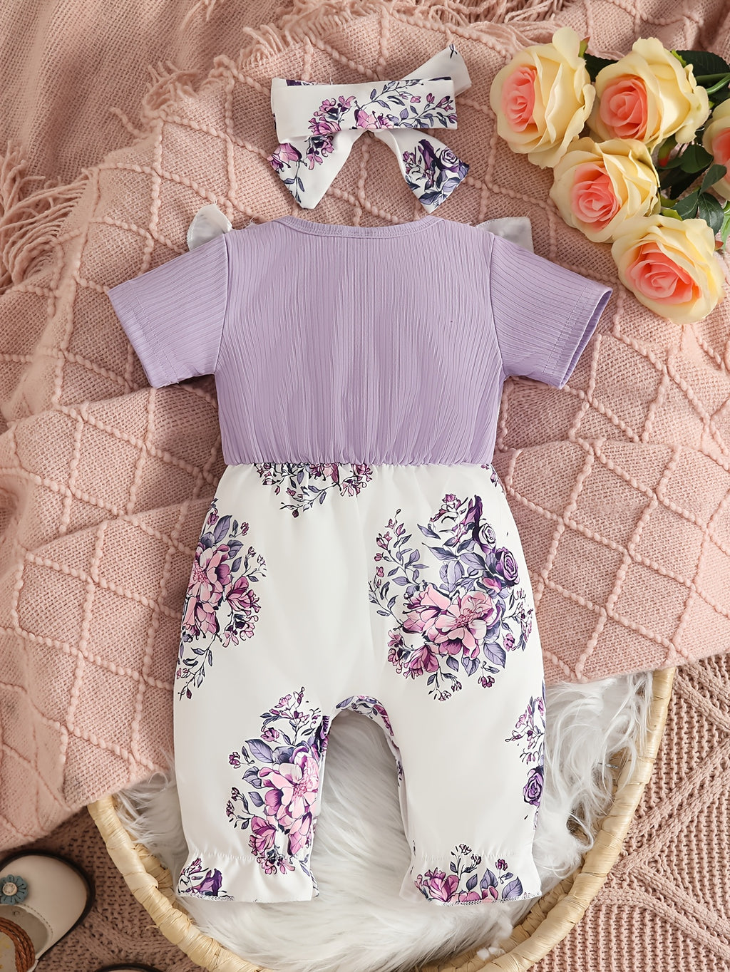 Short-Sleeve Floral Print Jumpsuit + Headscarf Two-Piece Set, for Outdoor